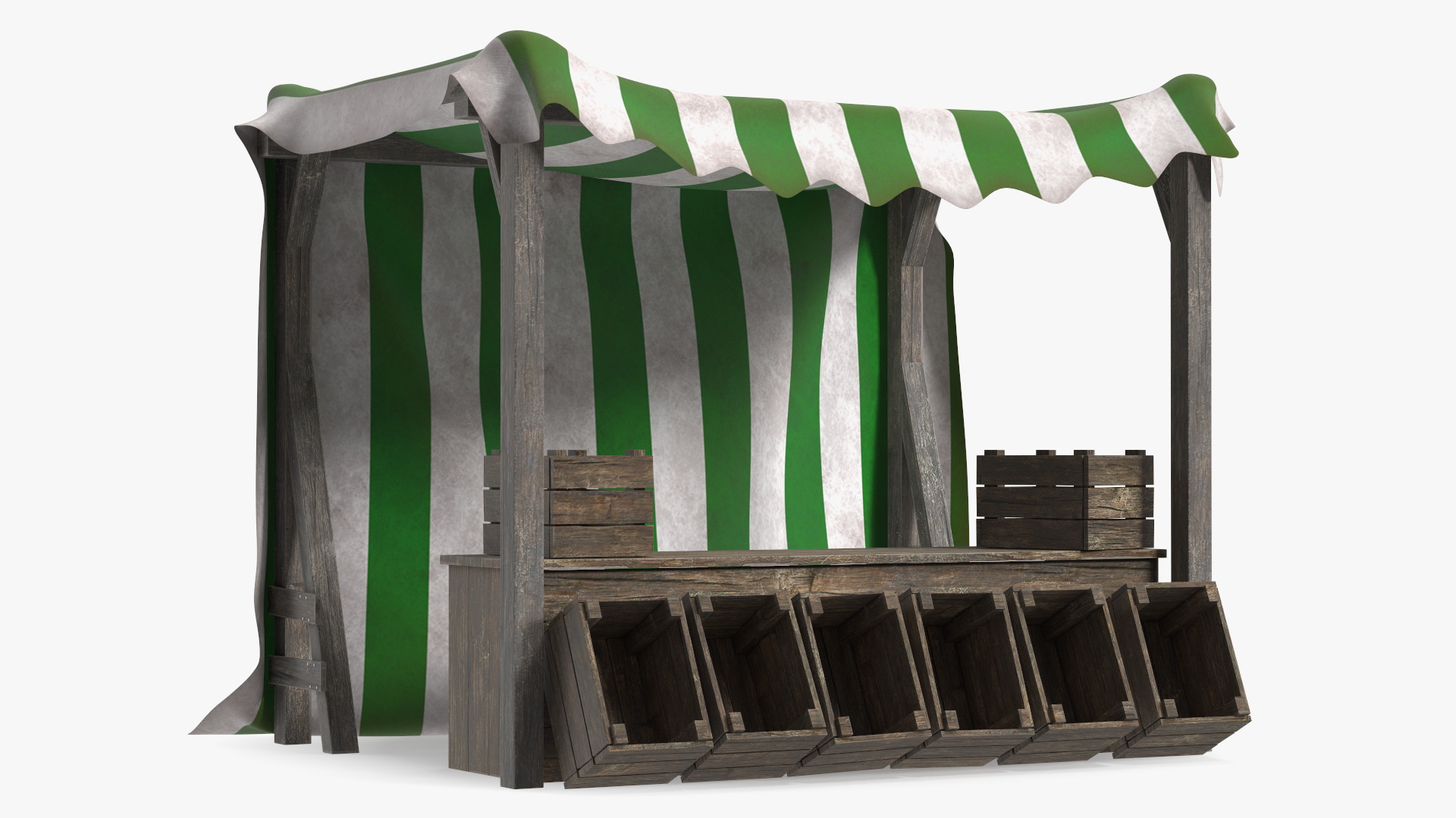 Wooden Market Stall with Striped Awning 3D model