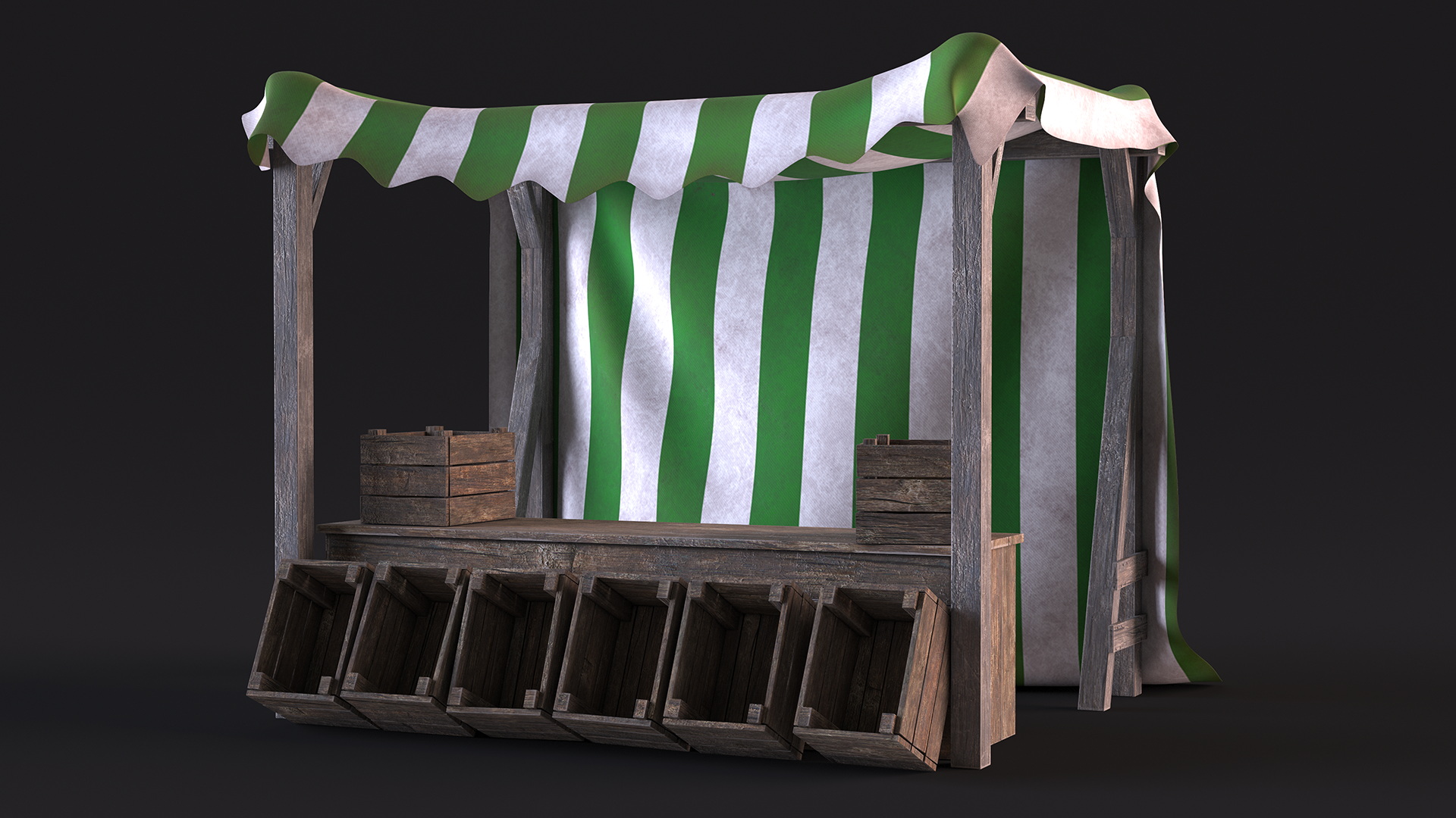 Wooden Market Stall with Striped Awning 3D model