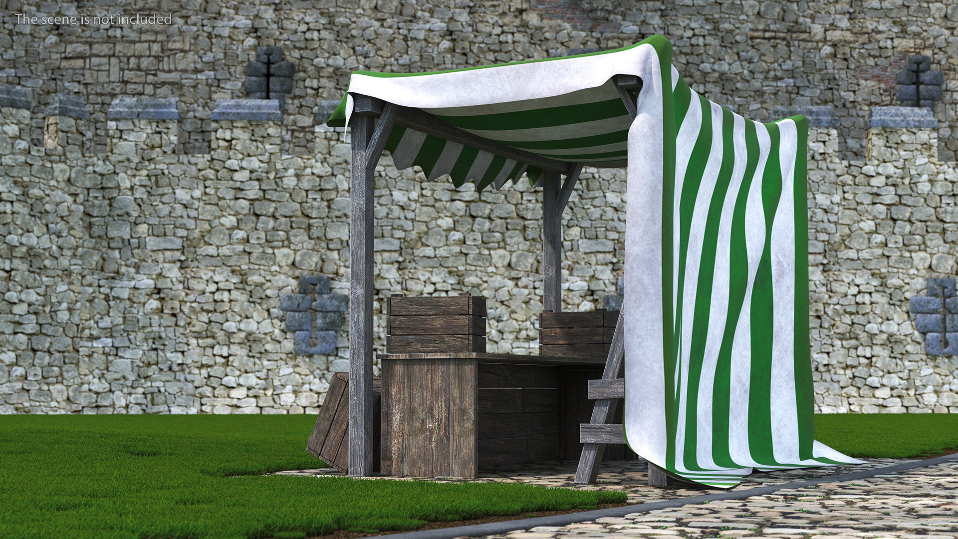 Wooden Market Stall with Striped Awning 3D model