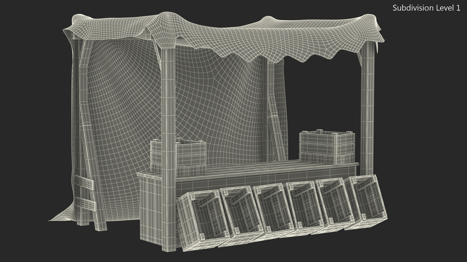 Wooden Market Stall with Striped Awning 3D model