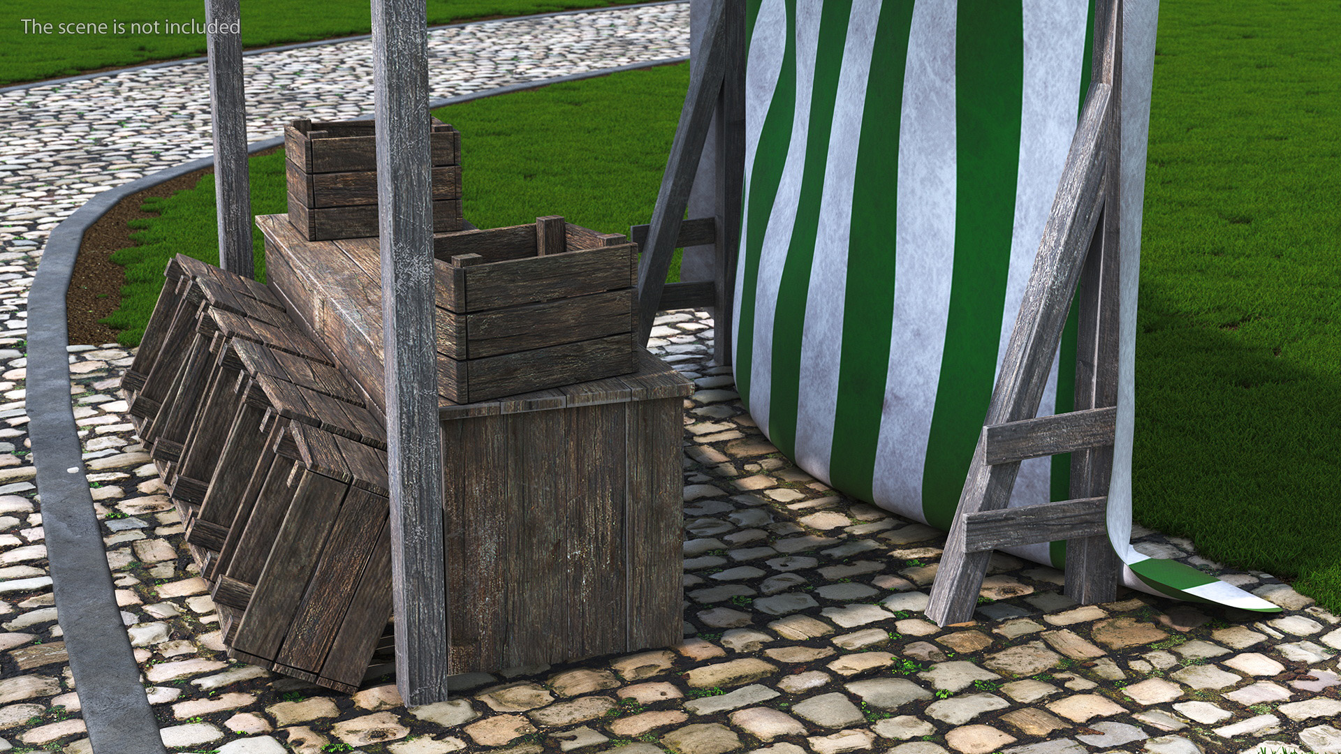 Wooden Market Stall with Striped Awning 3D model