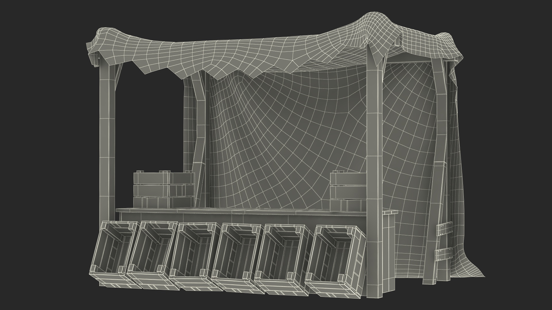 Wooden Market Stall with Striped Awning 3D model