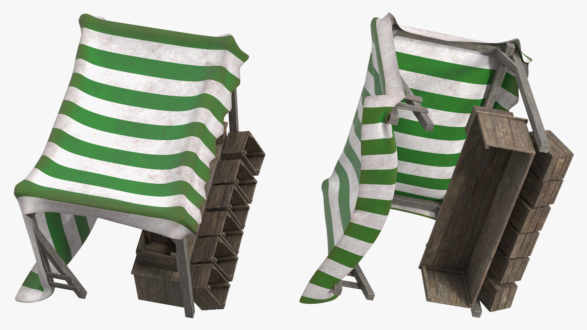 Wooden Market Stall with Striped Awning 3D model