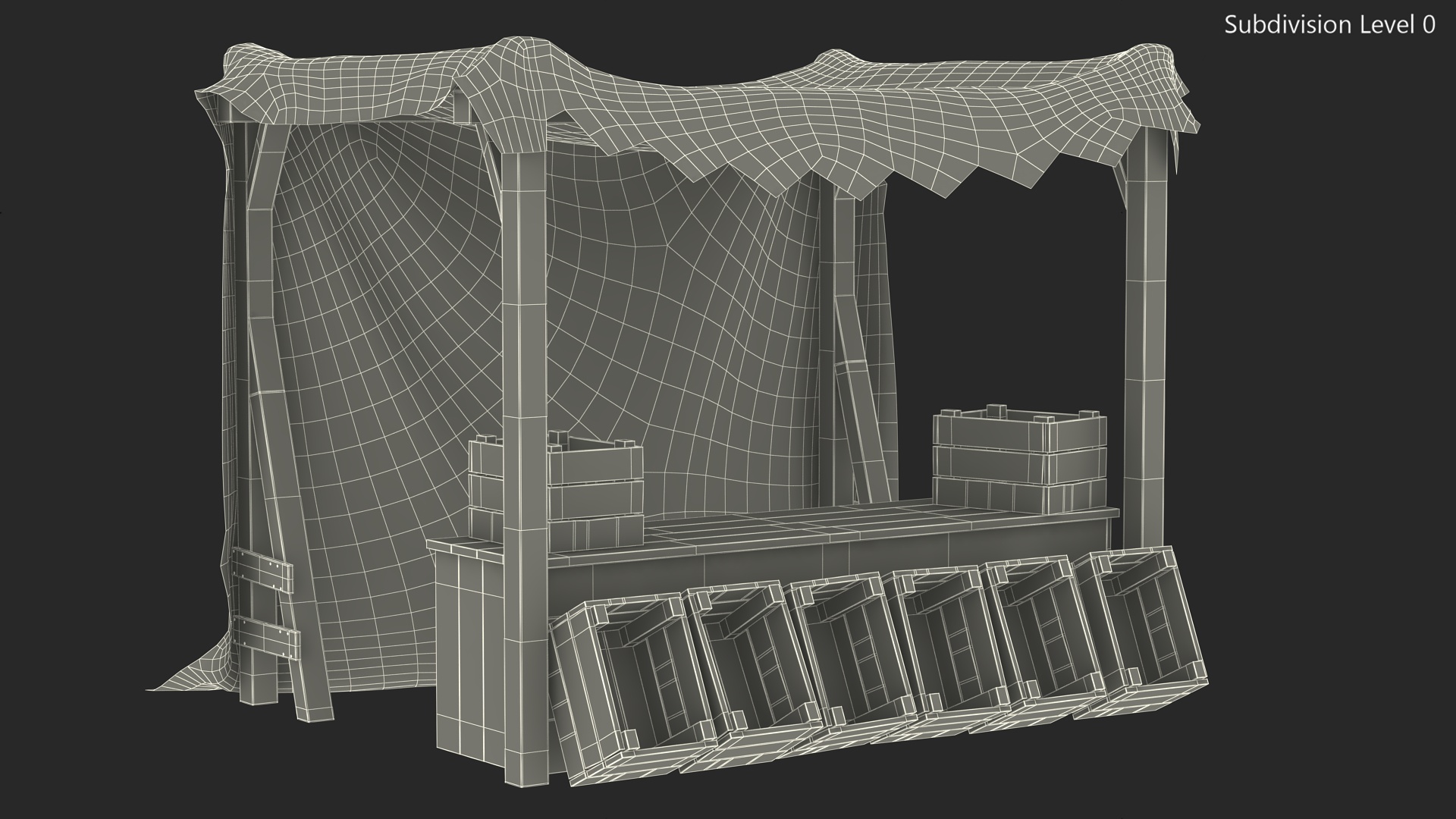 Wooden Market Stall with Striped Awning 3D model