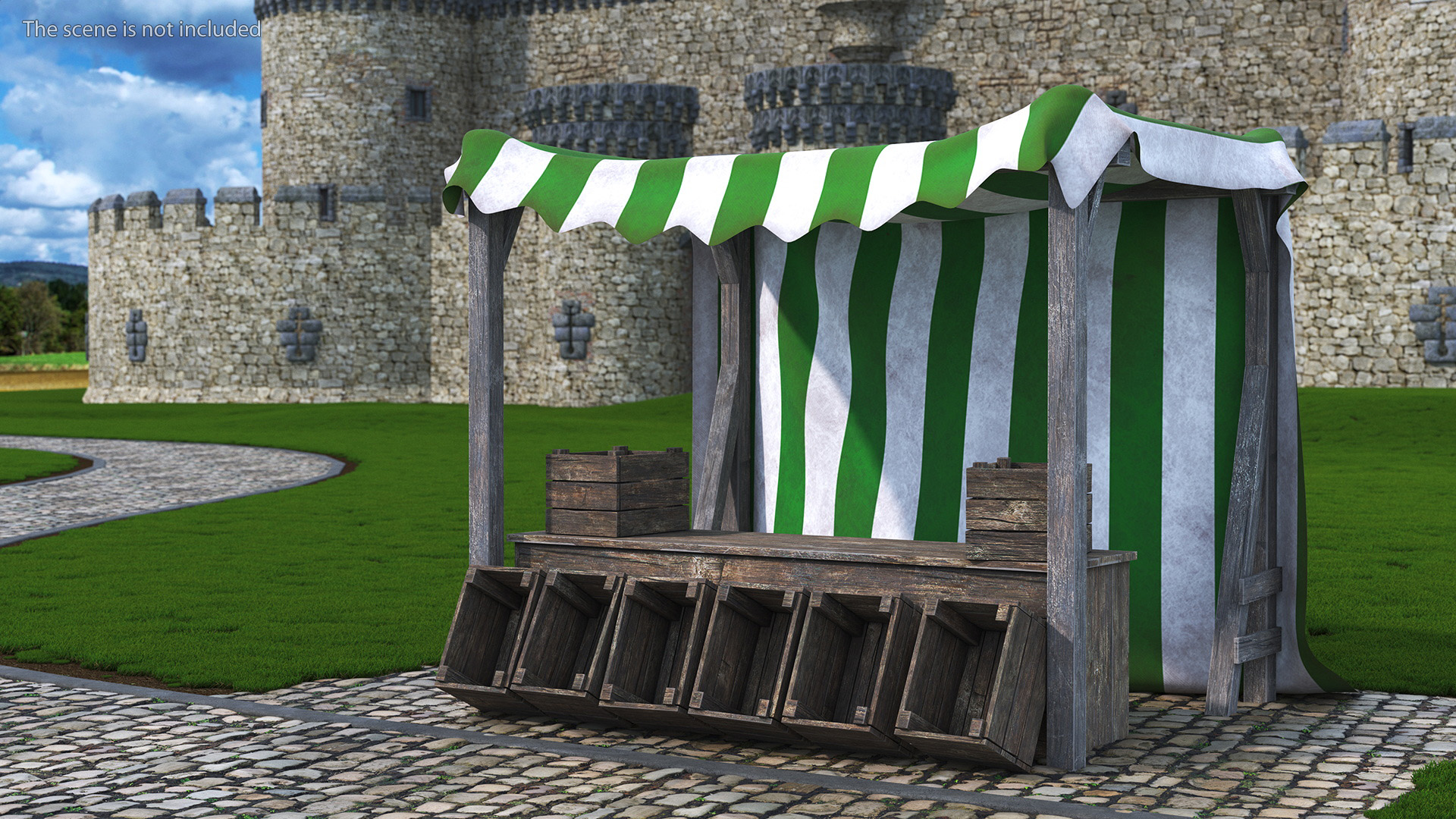 Wooden Market Stall with Striped Awning 3D model