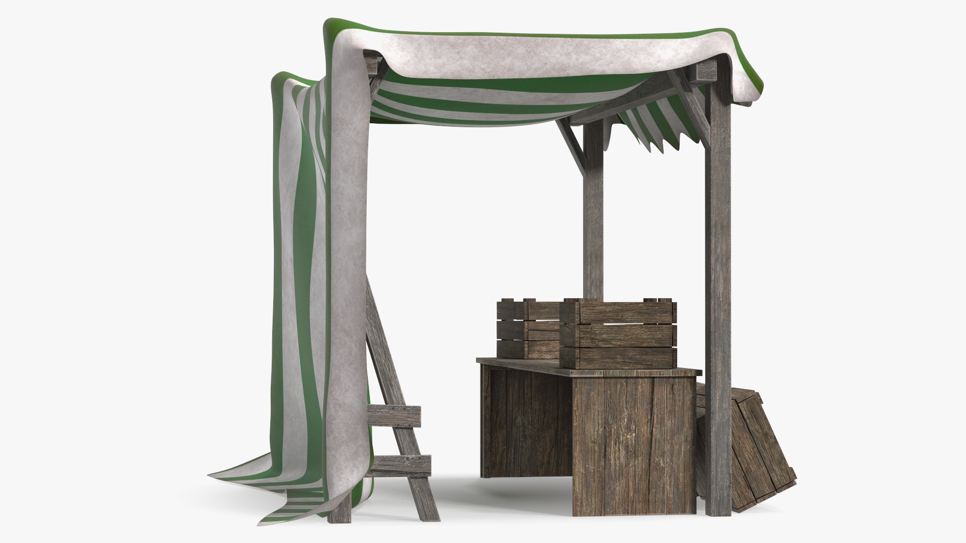 Wooden Market Stall with Striped Awning 3D model
