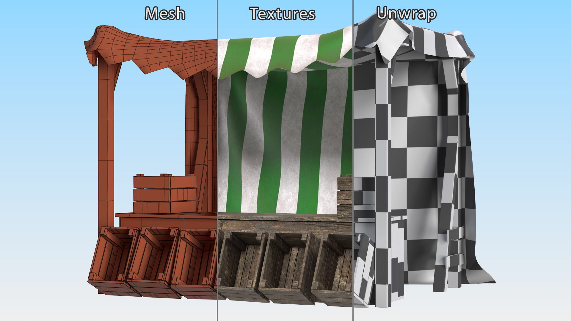 Wooden Market Stall with Striped Awning 3D model