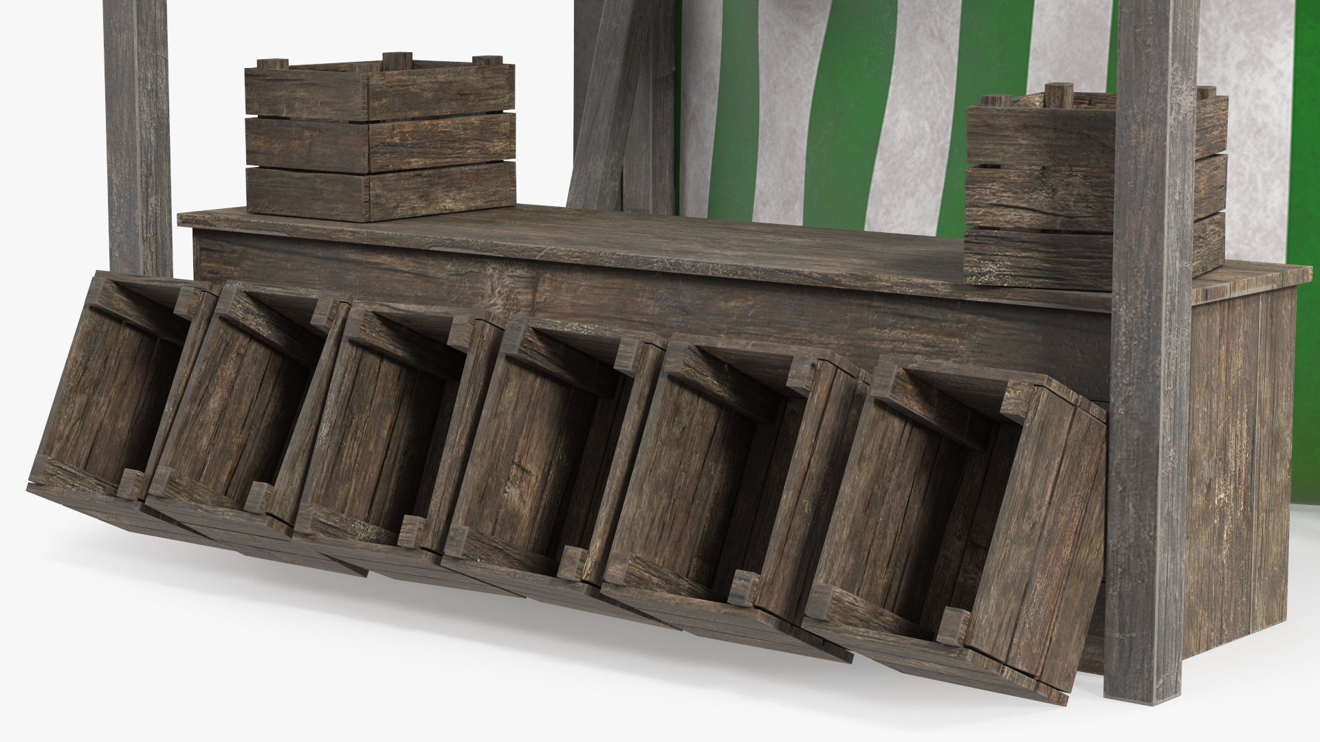 Wooden Market Stall with Striped Awning 3D model