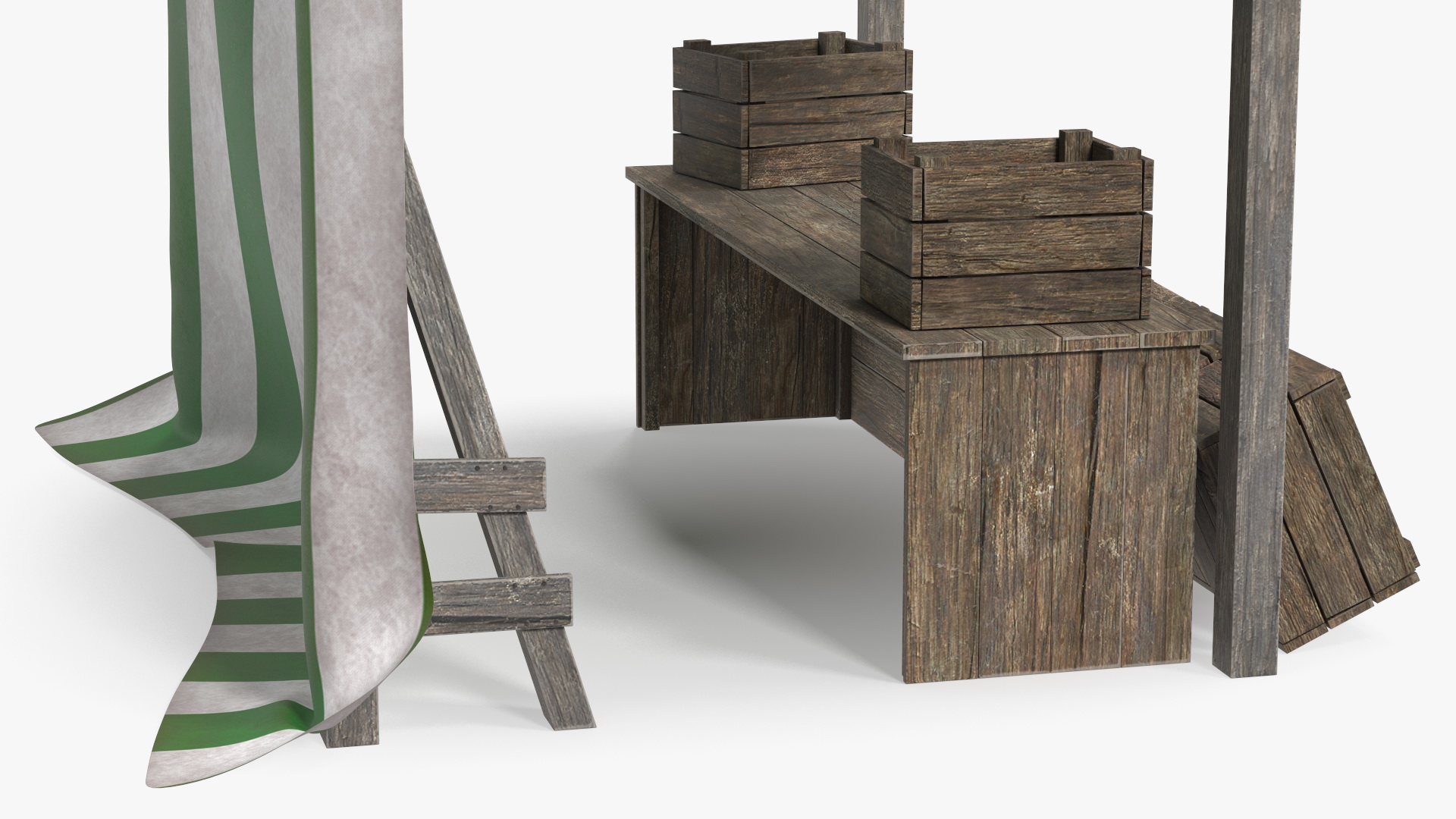 Wooden Market Stall with Striped Awning 3D model