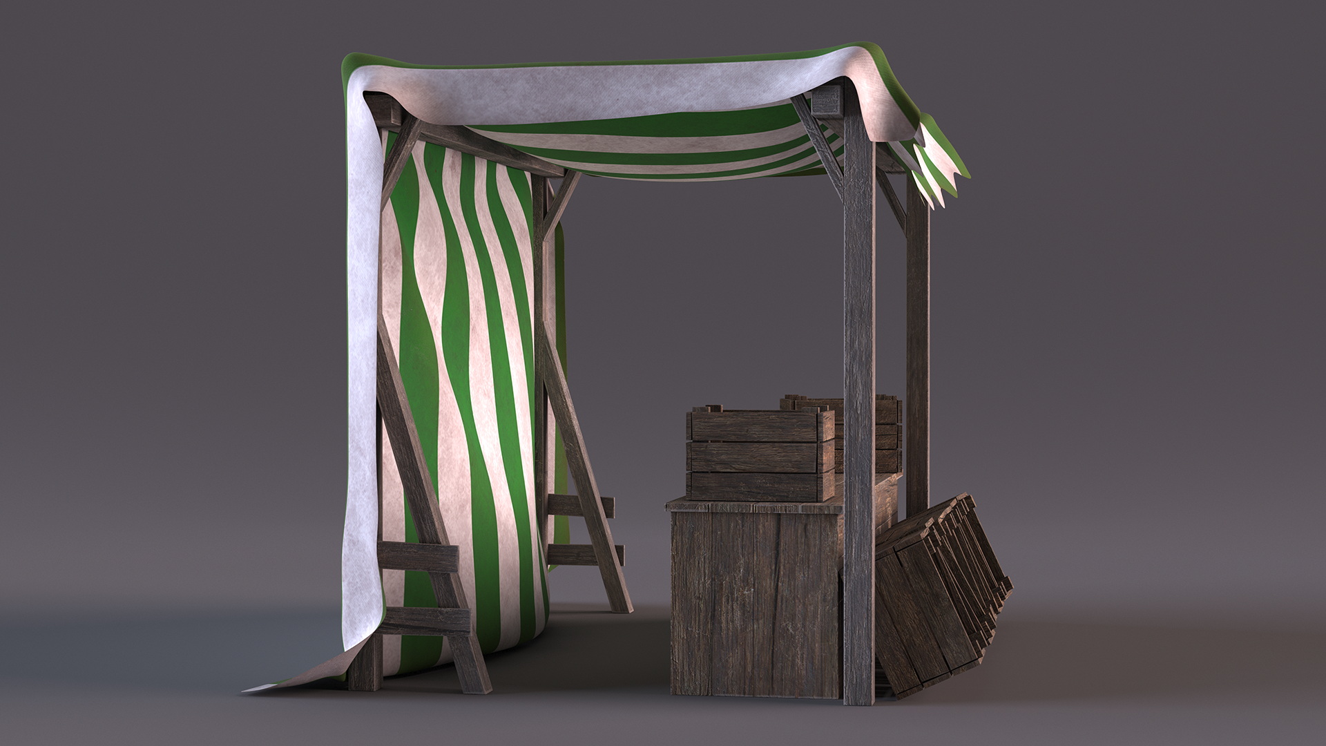 Wooden Market Stall with Striped Awning 3D model