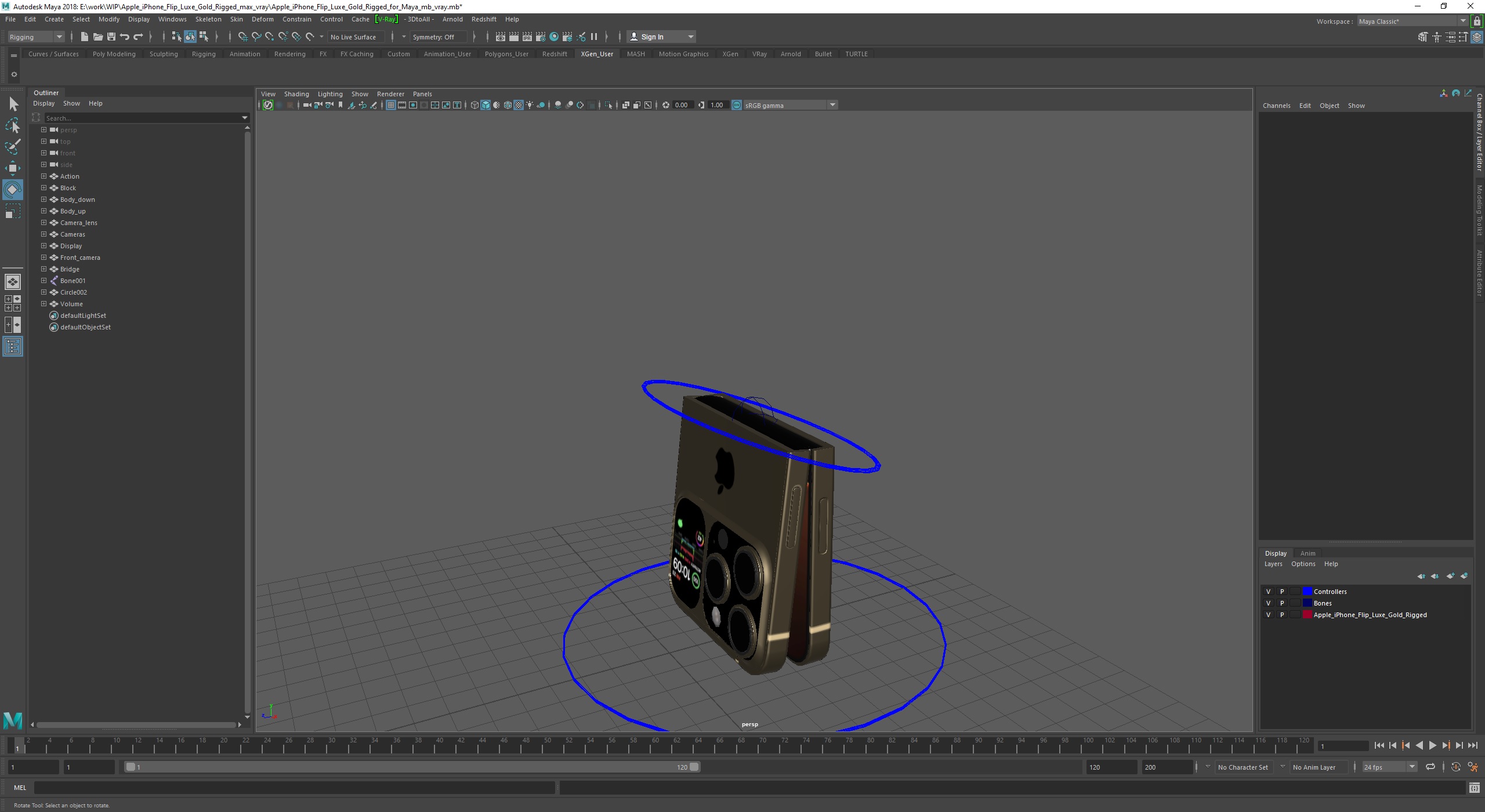 3D Apple iPhone Flip Luxe Gold Rigged for Maya model