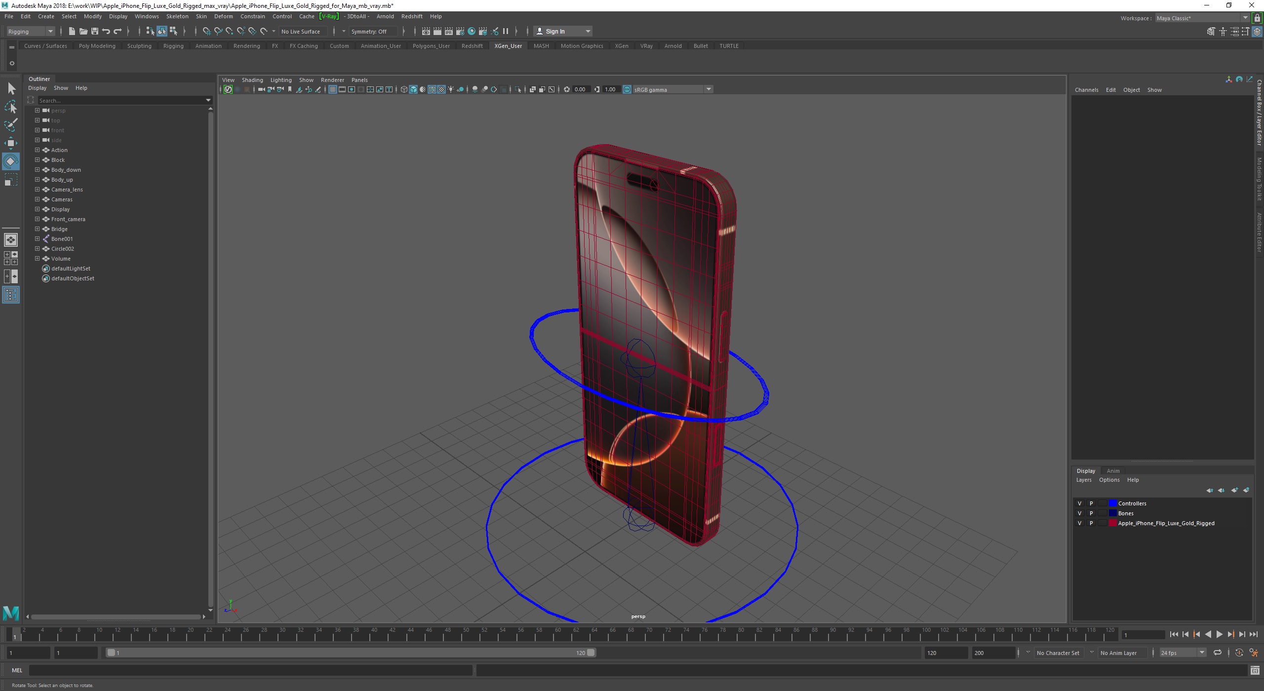 3D Apple iPhone Flip Luxe Gold Rigged for Maya model