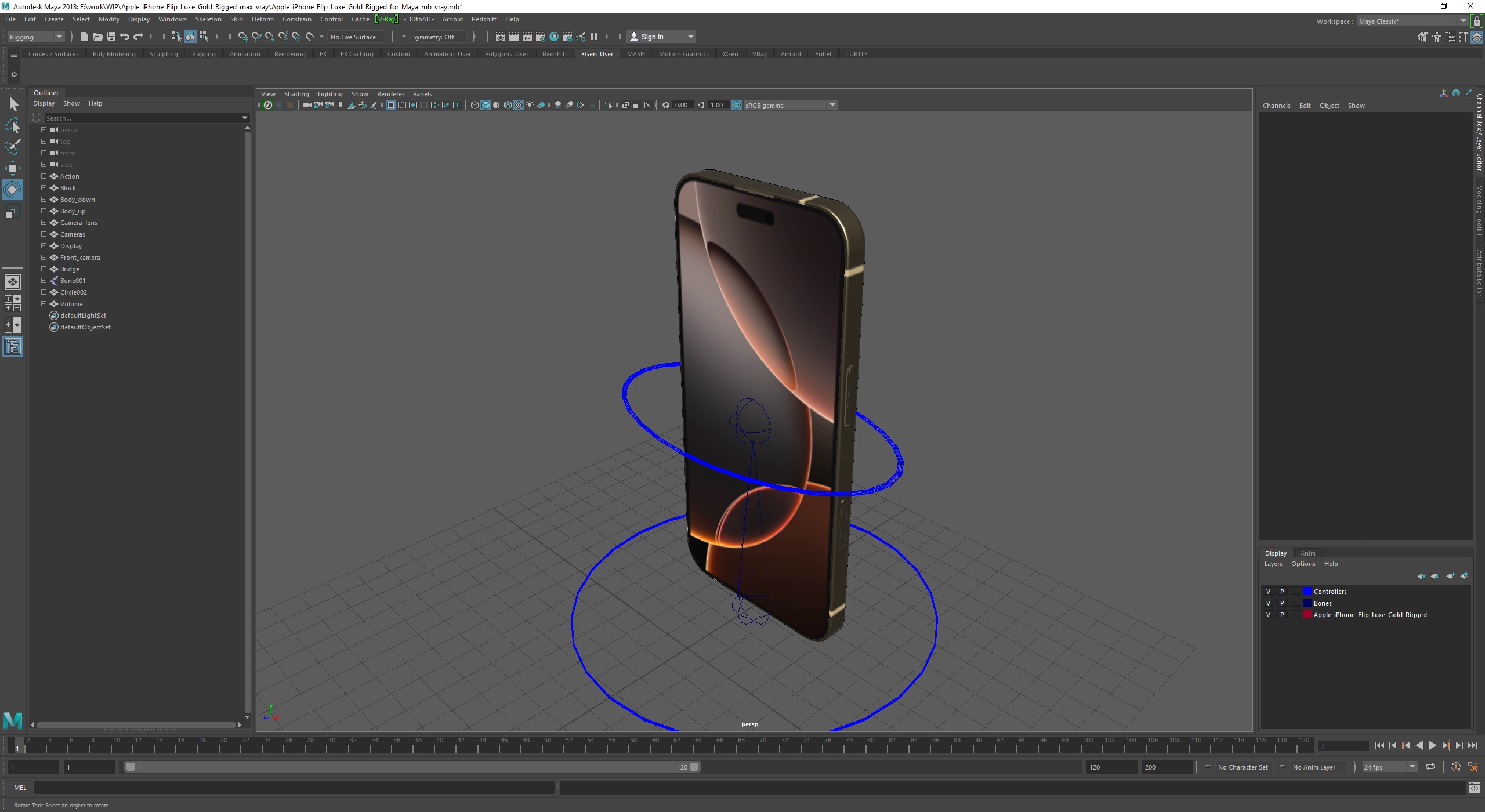 3D Apple iPhone Flip Luxe Gold Rigged for Maya model