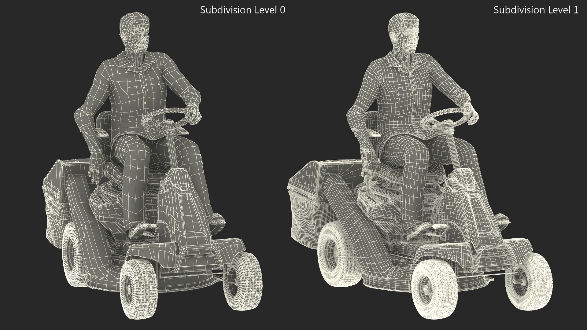 3D Sitting Farmer on Lawn-Mower with Grass Compartment