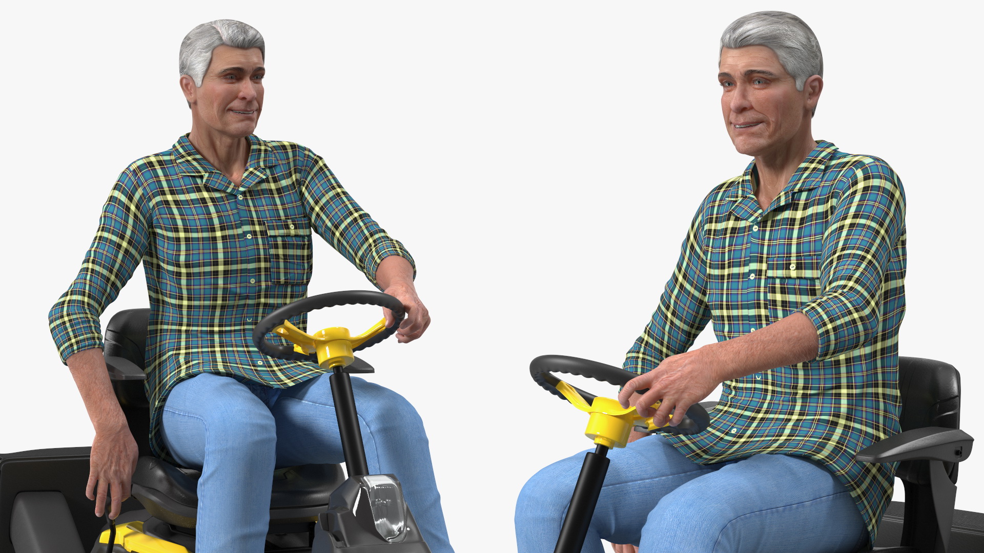 3D Sitting Farmer on Lawn-Mower with Grass Compartment