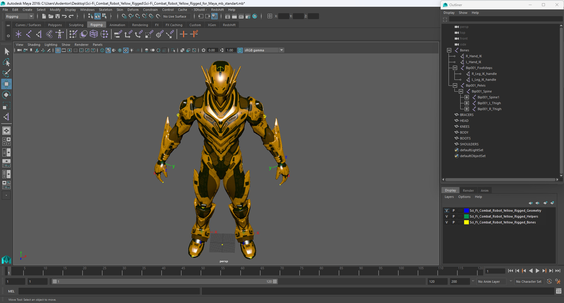 Sci-Fi Combat Robot Yellow Rigged for Maya 3D