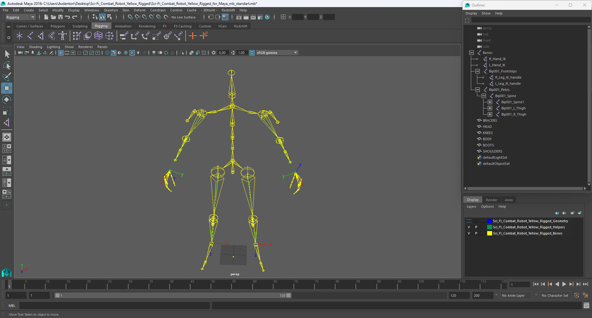 Sci-Fi Combat Robot Yellow Rigged for Maya 3D