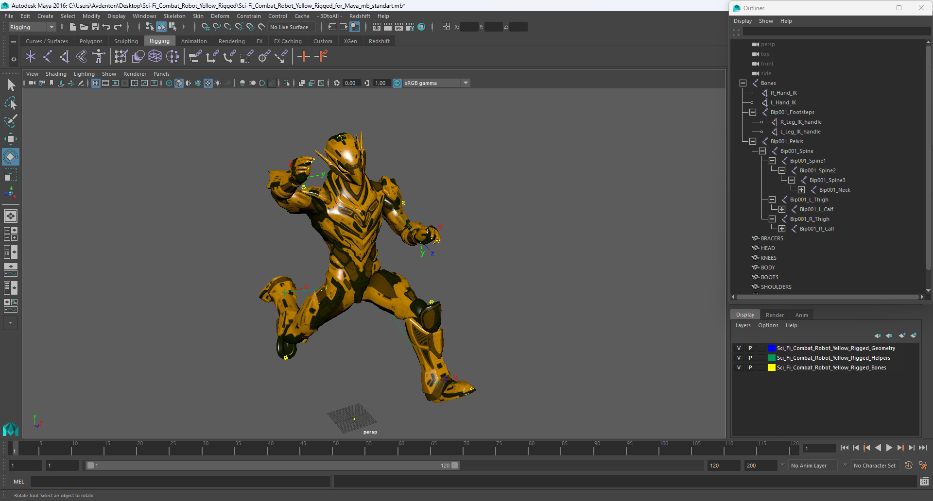 Sci-Fi Combat Robot Yellow Rigged for Maya 3D