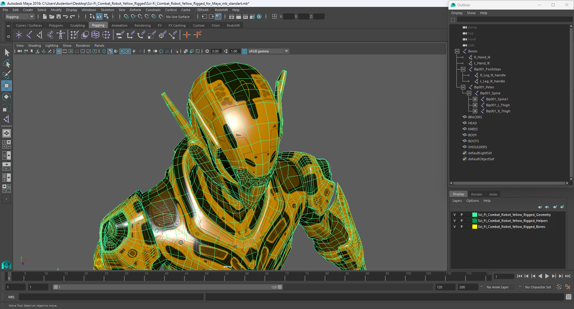 Sci-Fi Combat Robot Yellow Rigged for Maya 3D
