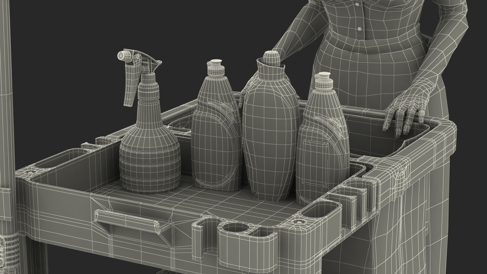 3D Housekeeping Maid With Multi Shelf Cleaning Cart Rigged Fur for Maya model
