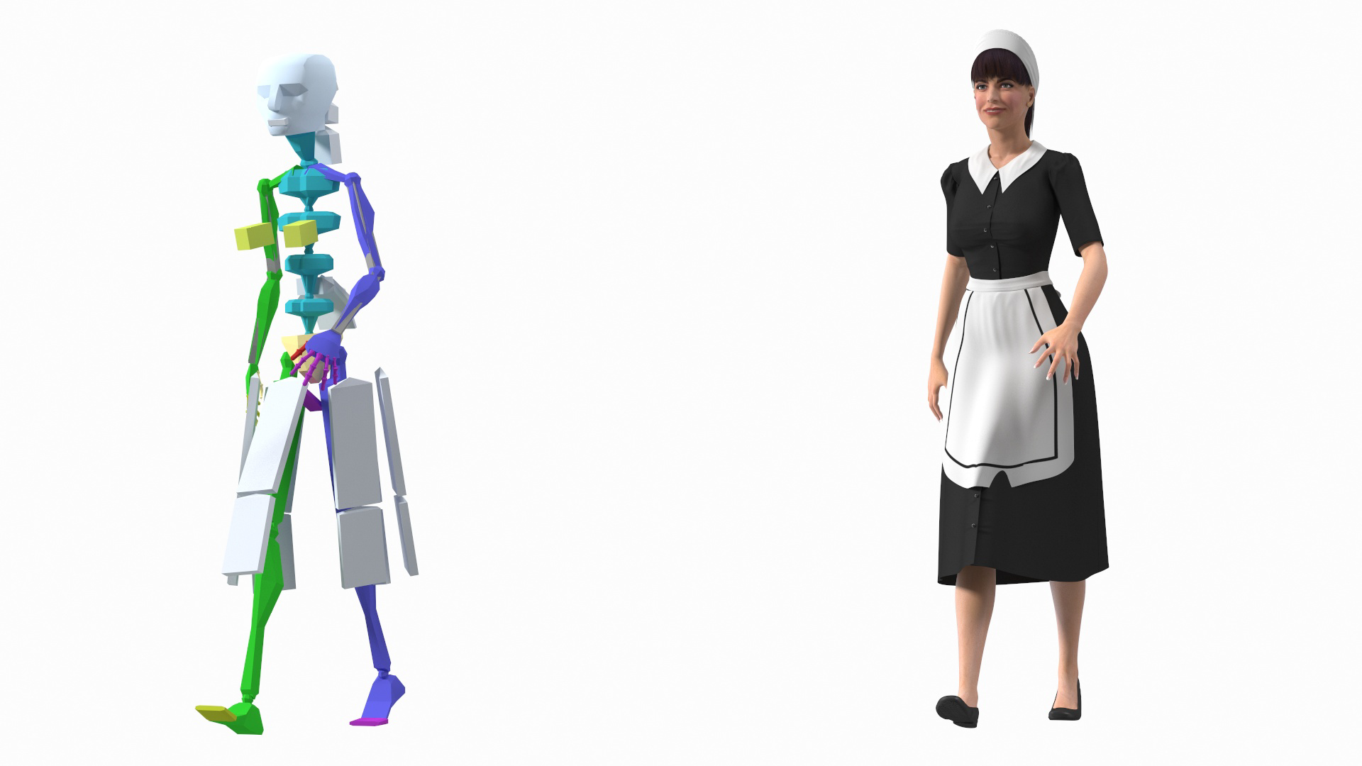 3D Housekeeping Maid With Multi Shelf Cleaning Cart Rigged Fur for Maya model