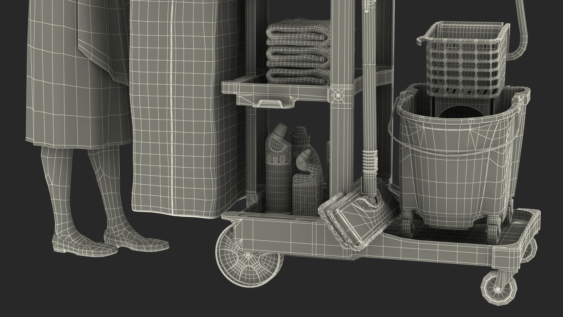 3D Housekeeping Maid With Multi Shelf Cleaning Cart Rigged Fur for Maya model
