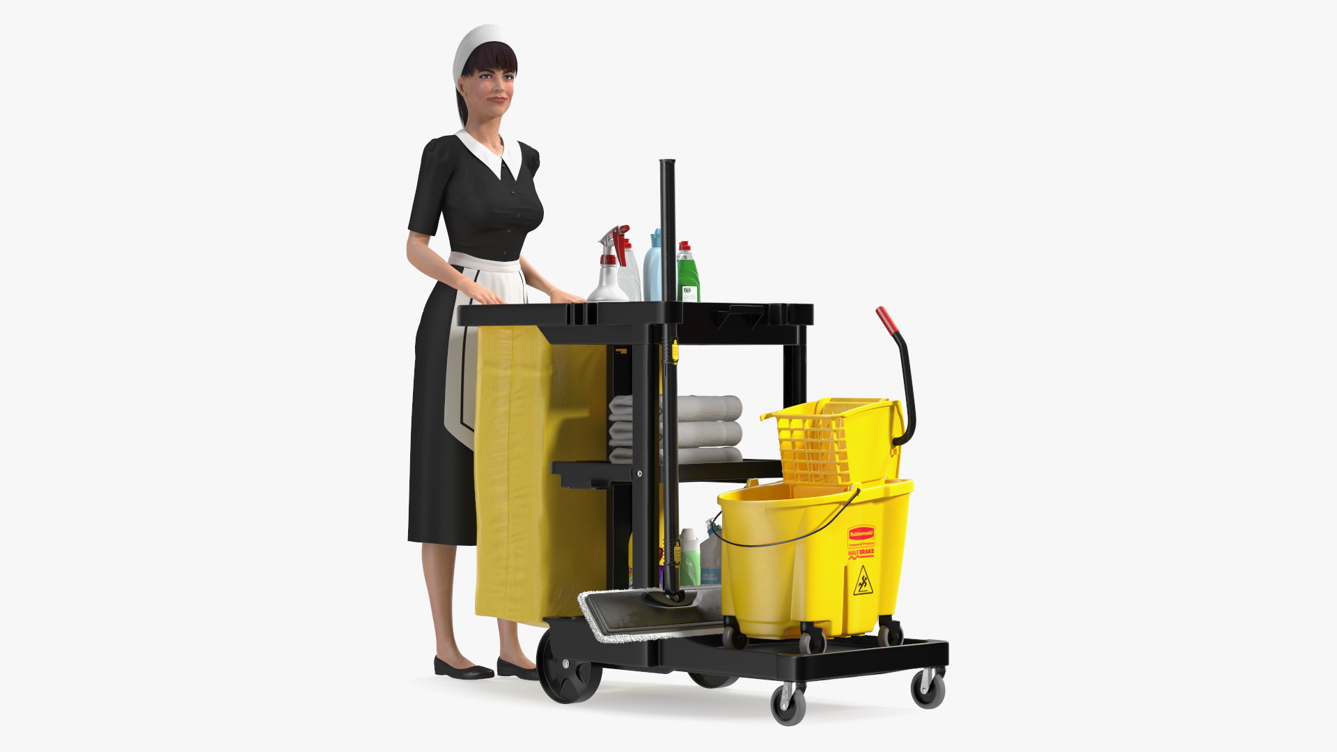 3D Housekeeping Maid With Multi Shelf Cleaning Cart Rigged Fur for Maya model
