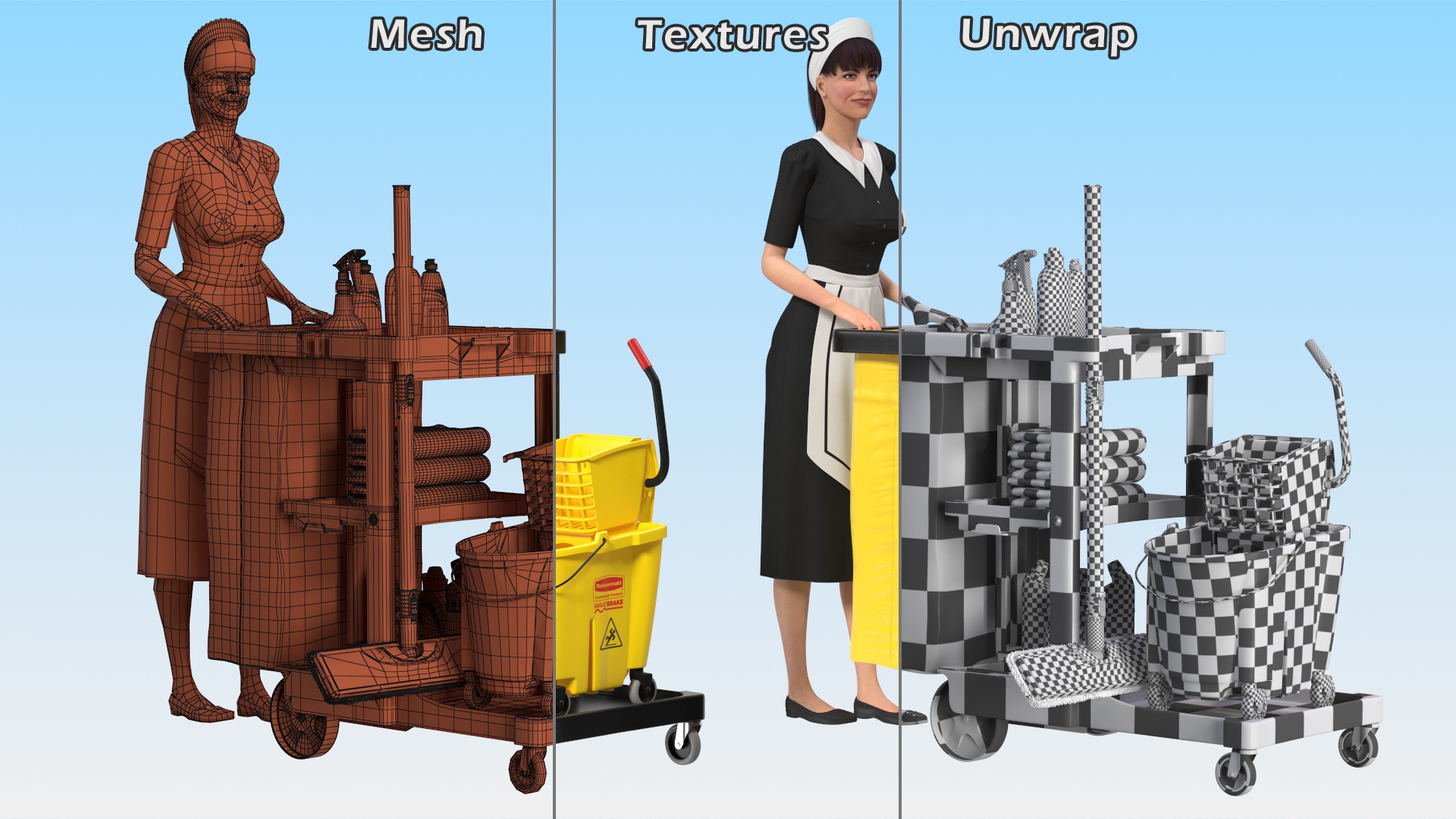3D Housekeeping Maid With Multi Shelf Cleaning Cart Rigged Fur for Maya model