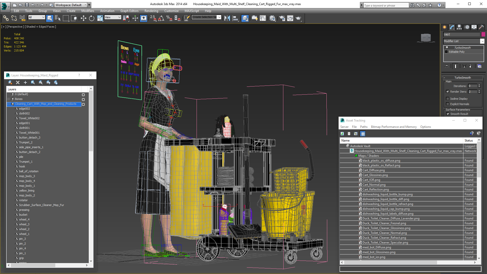 3D Housekeeping Maid With Multi Shelf Cleaning Cart Rigged Fur for Maya model