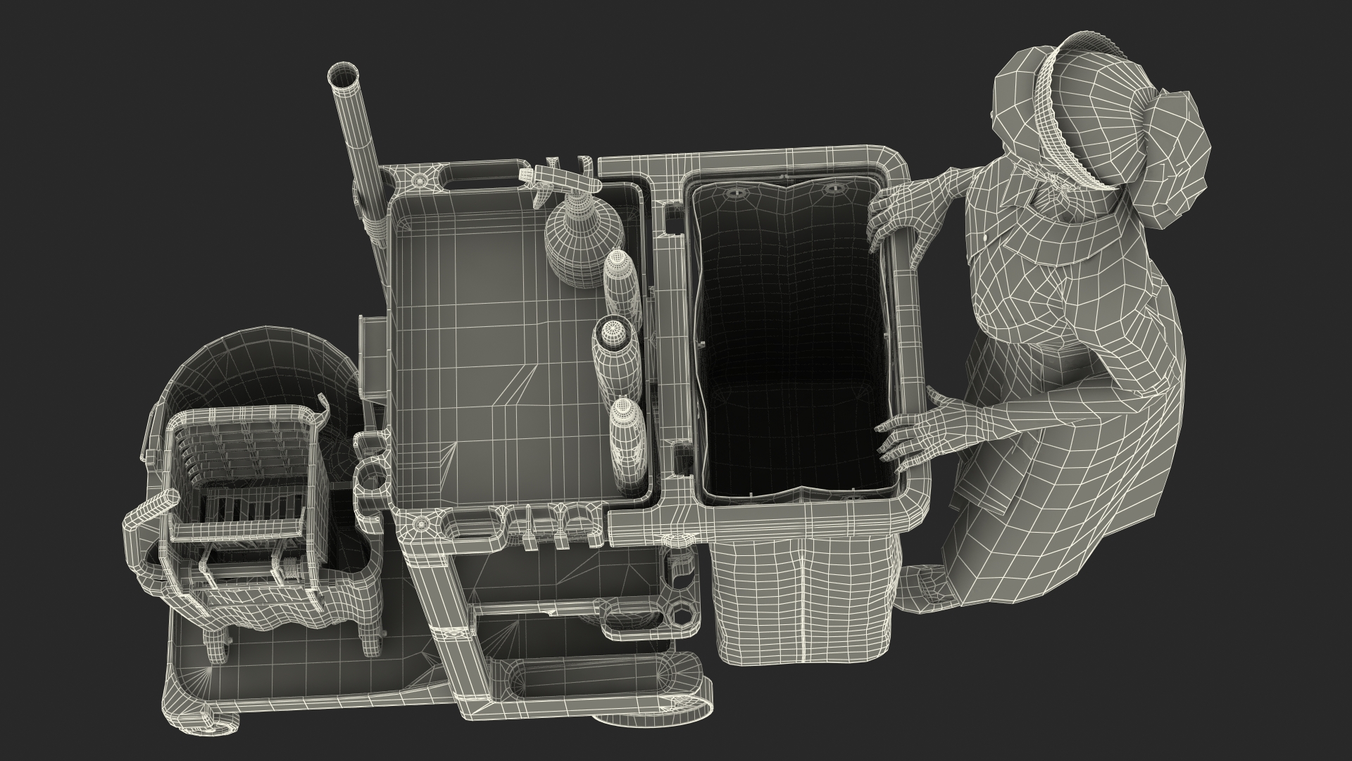 3D Housekeeping Maid With Multi Shelf Cleaning Cart Rigged Fur for Maya model