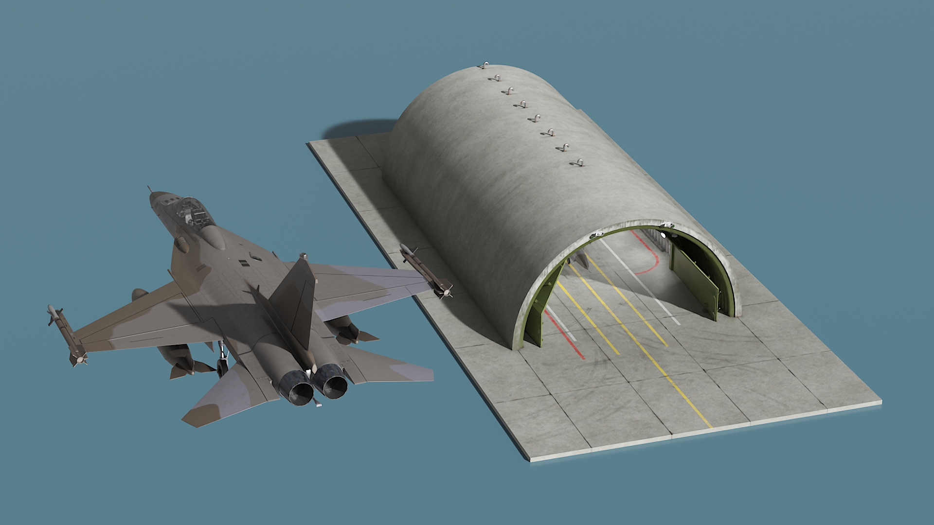Hardened Aircraft Shelter with Fighter Jet Inside 3D model