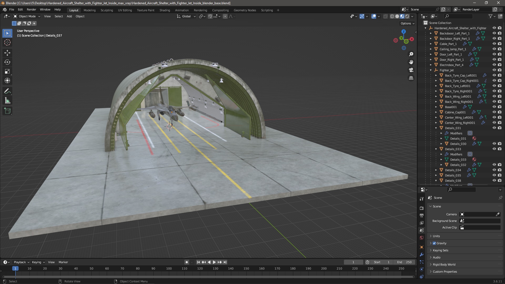 Hardened Aircraft Shelter with Fighter Jet Inside 3D model