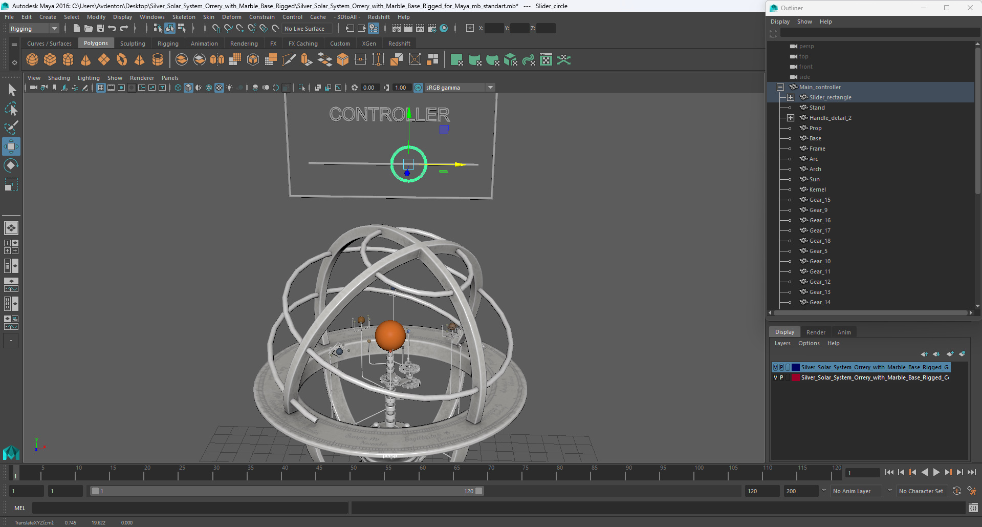 Silver Solar System Orrery with Marble Base Rigged for Maya 3D model