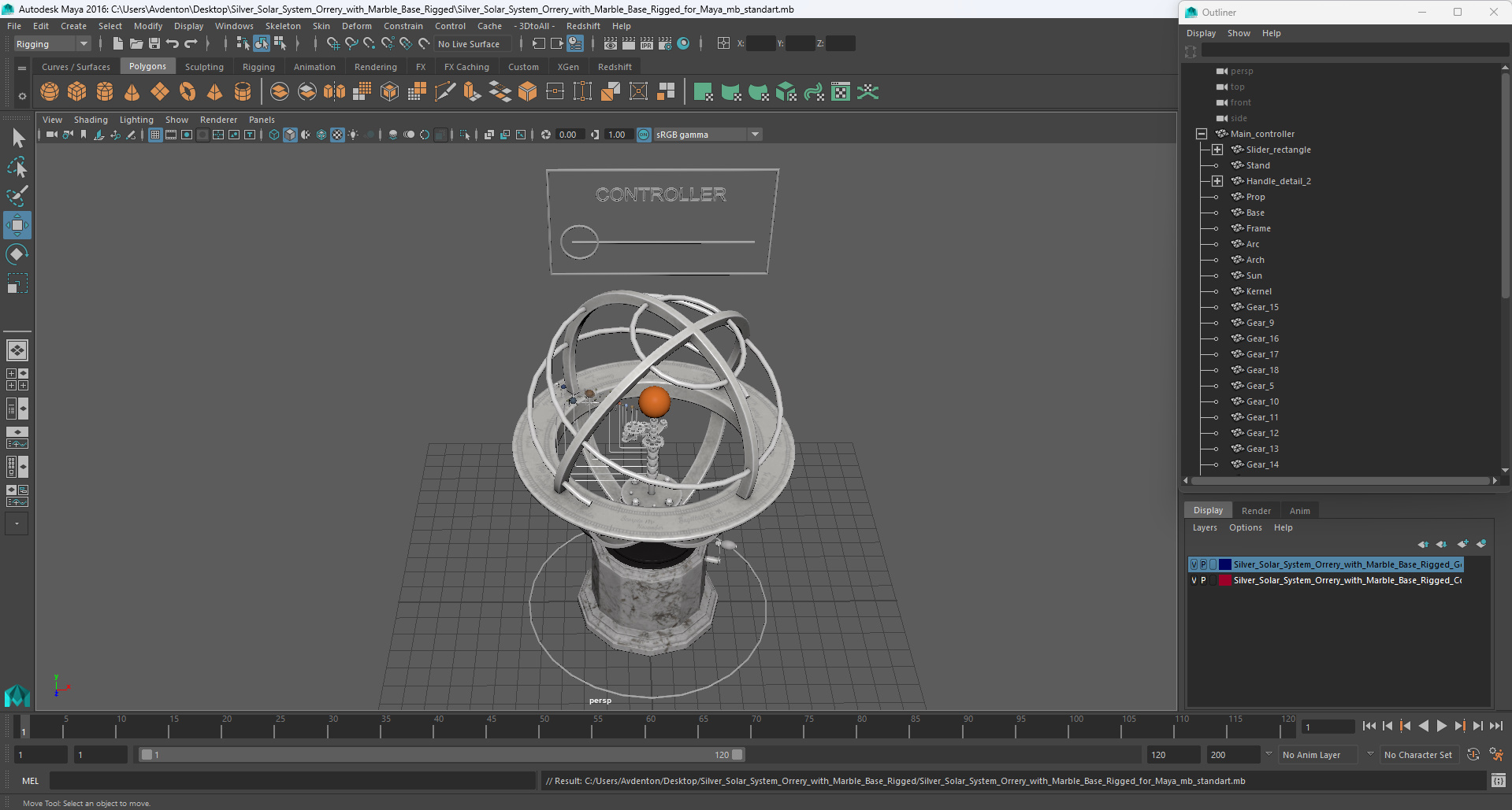 Silver Solar System Orrery with Marble Base Rigged for Maya 3D model