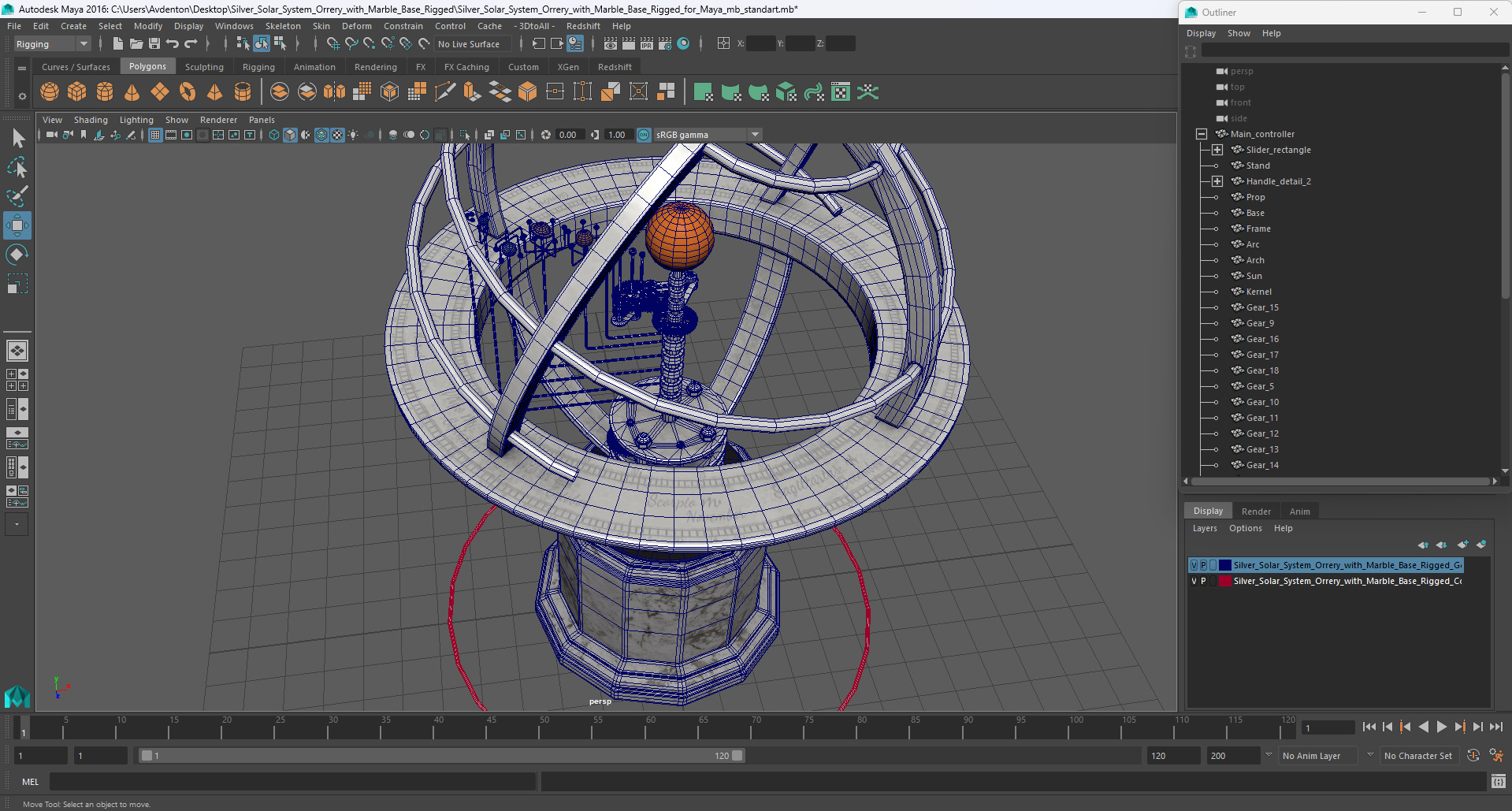 Silver Solar System Orrery with Marble Base Rigged for Maya 3D model