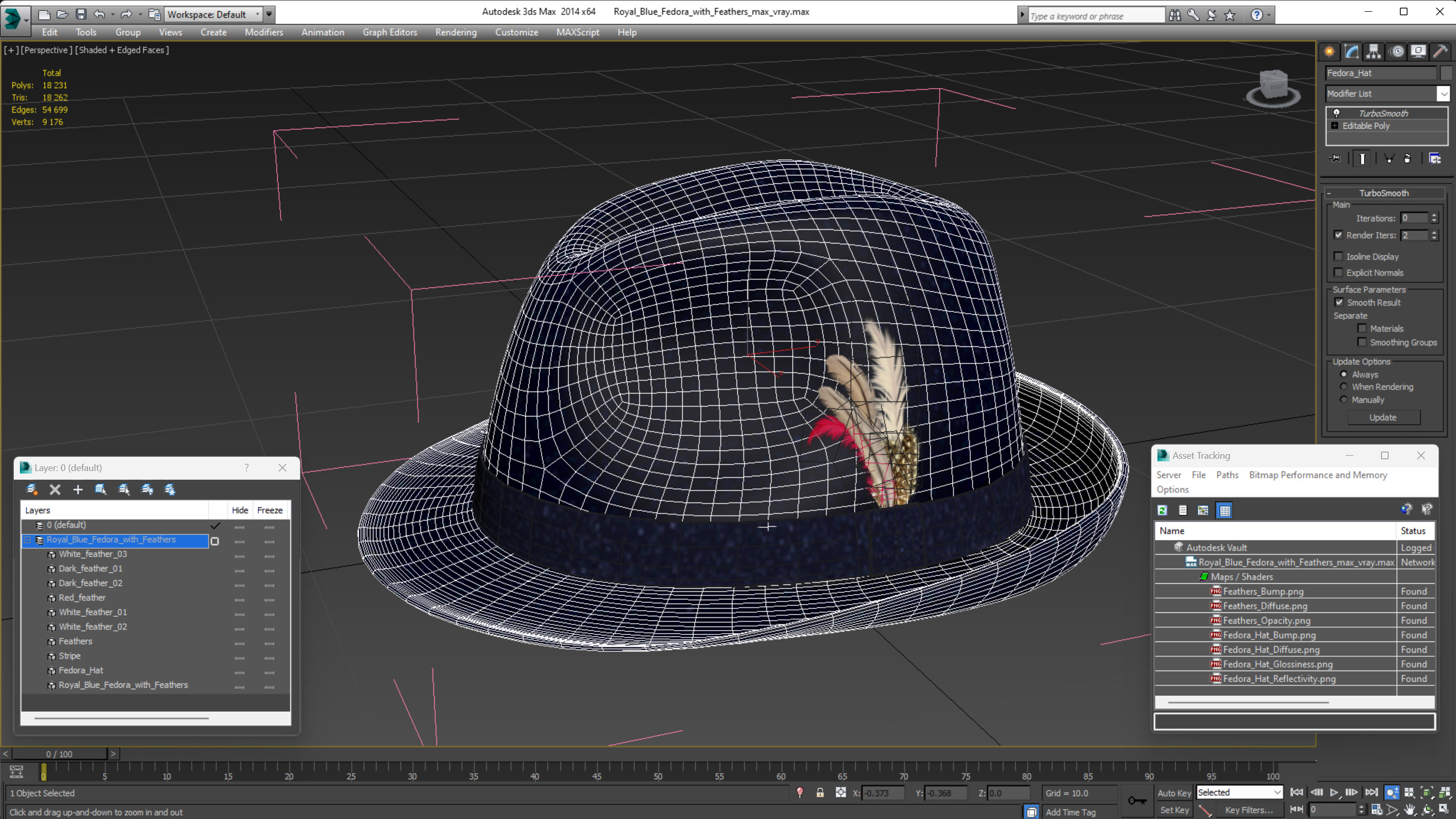 3D Royal Blue Fedora With Feathers