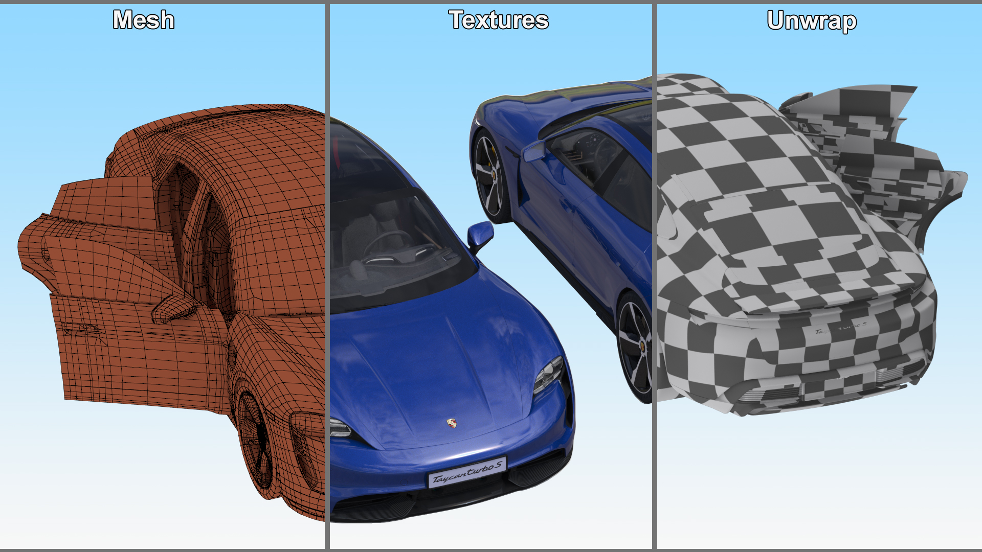 3D Electric Sports Car Porsche Taycan Turbo S Gentian Blue Rigged for Maya