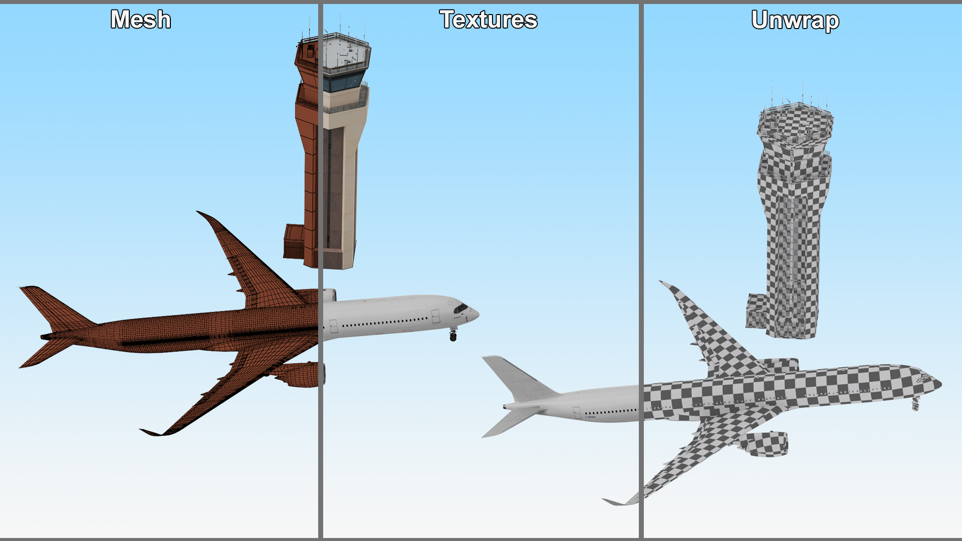 3D Air Force Base Control Tower and Airplane