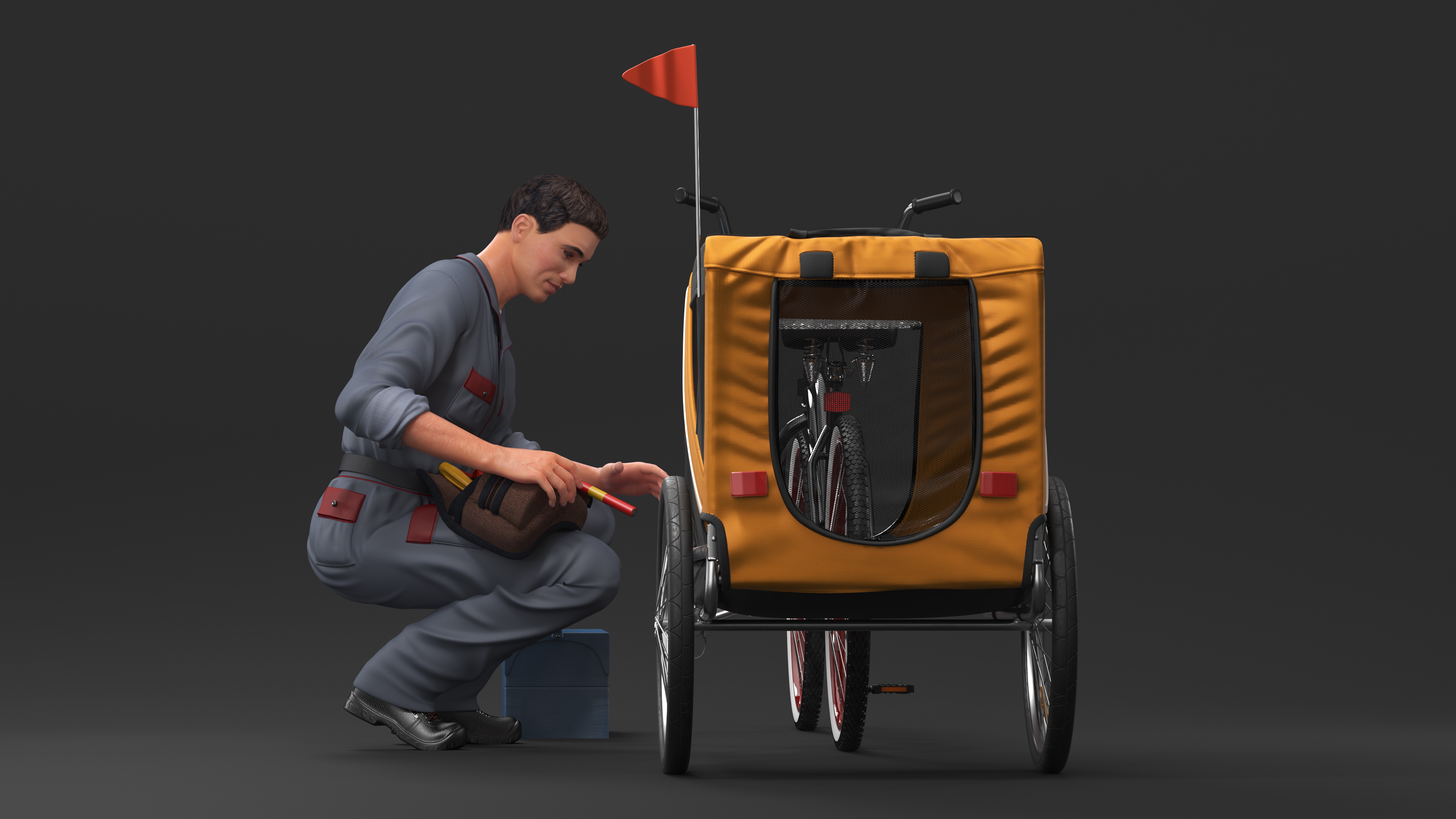 3D Worker Attaches Pet Trailer to Bicycle model
