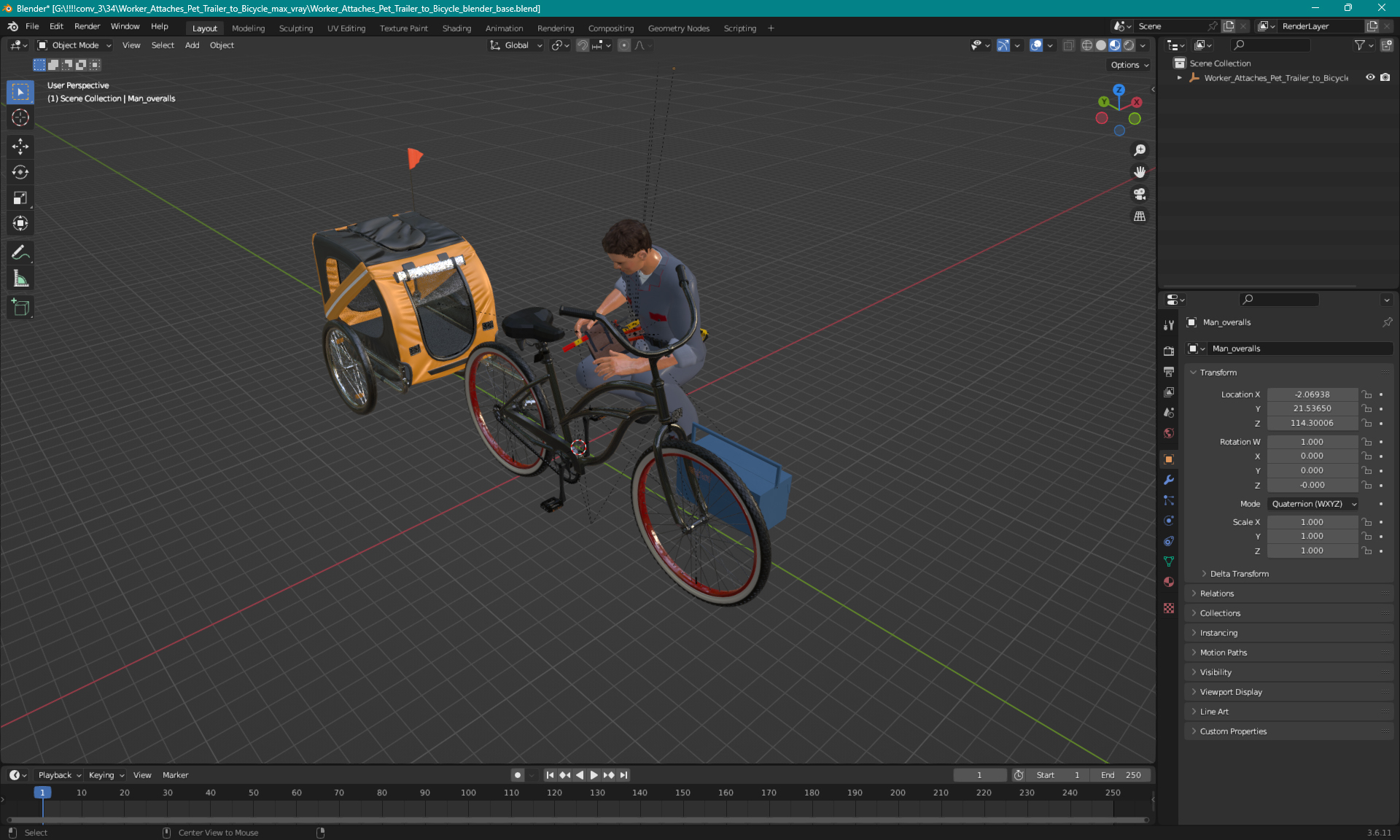 3D Worker Attaches Pet Trailer to Bicycle model