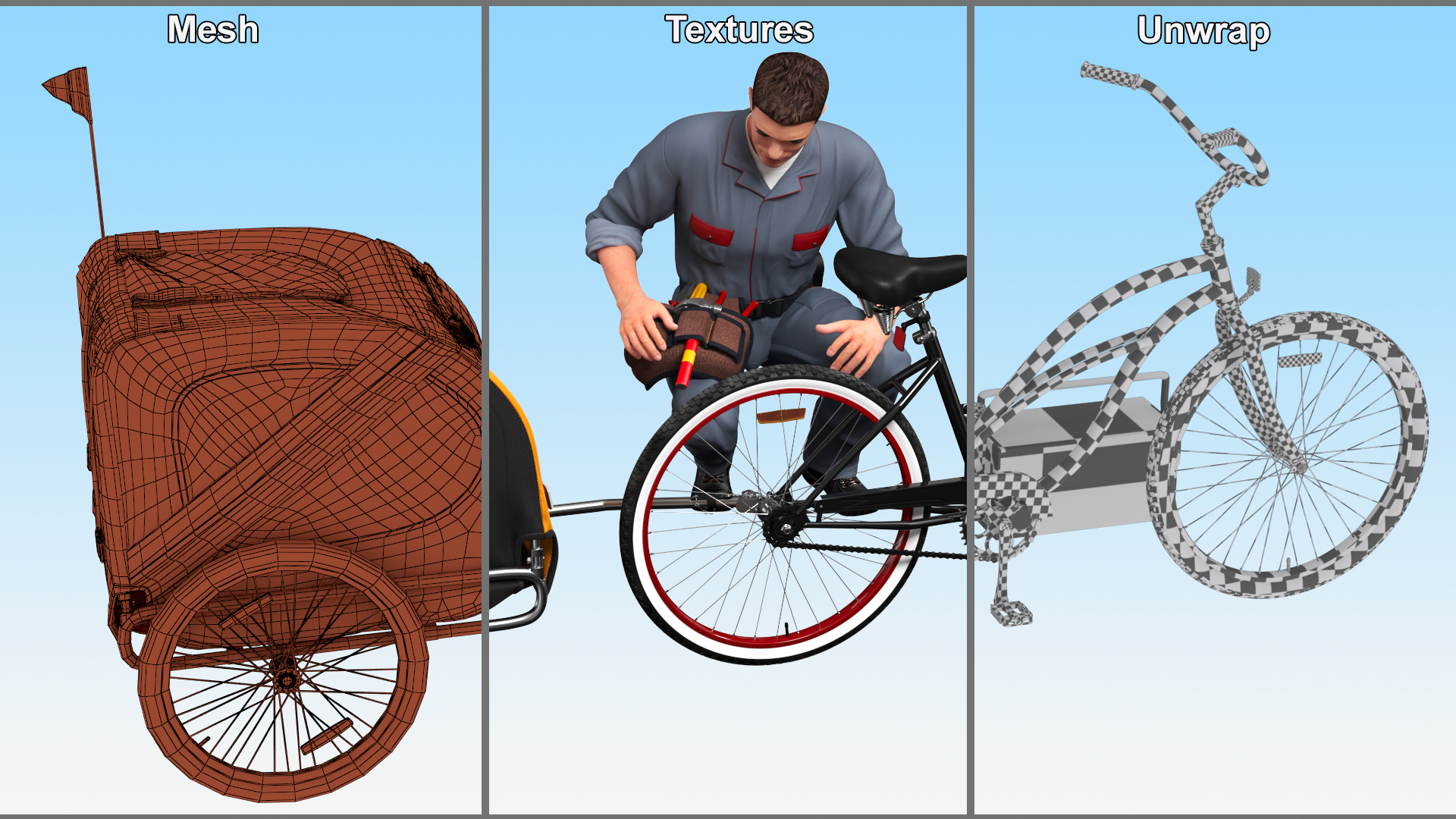 3D Worker Attaches Pet Trailer to Bicycle model