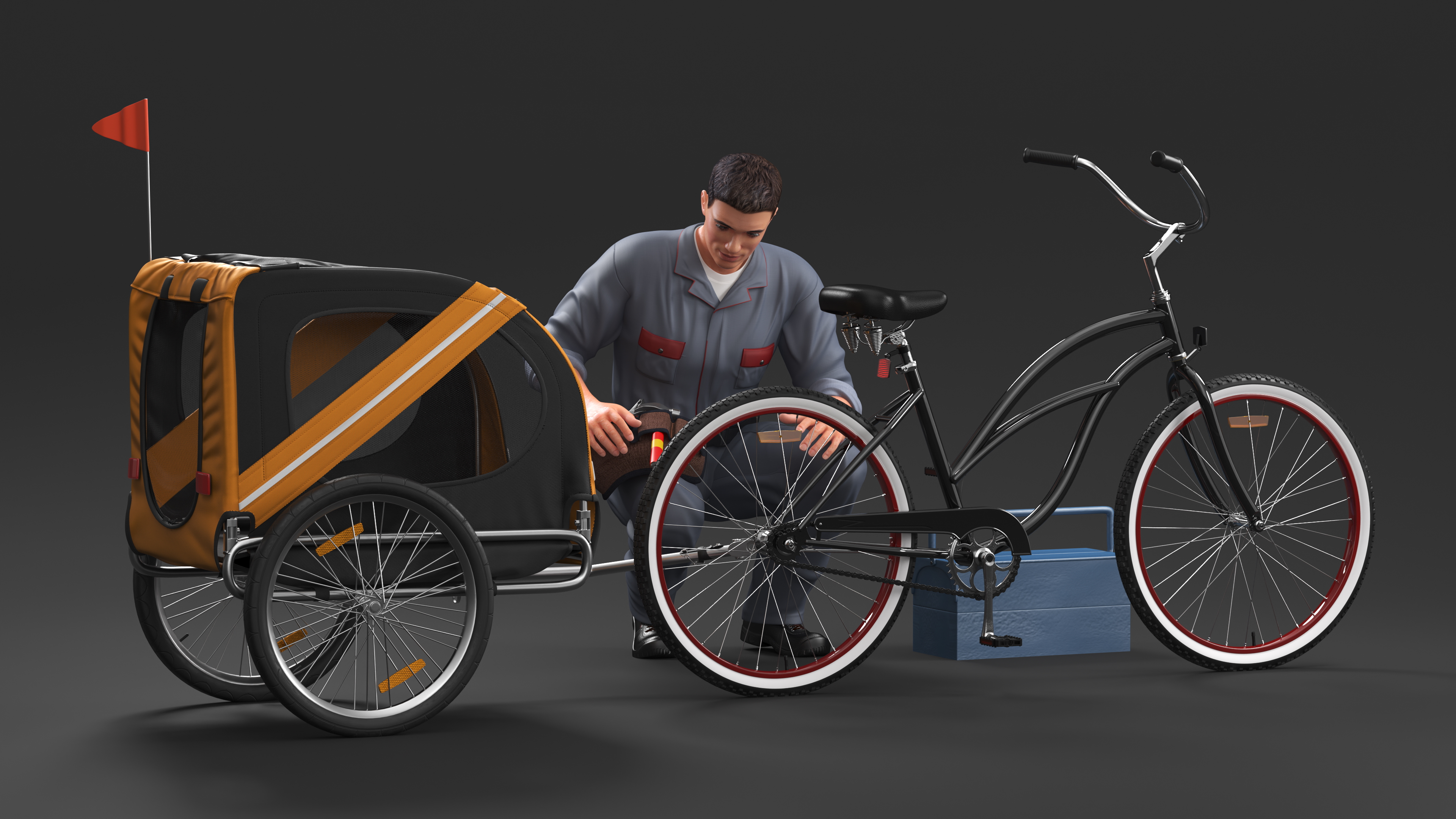 3D Worker Attaches Pet Trailer to Bicycle model
