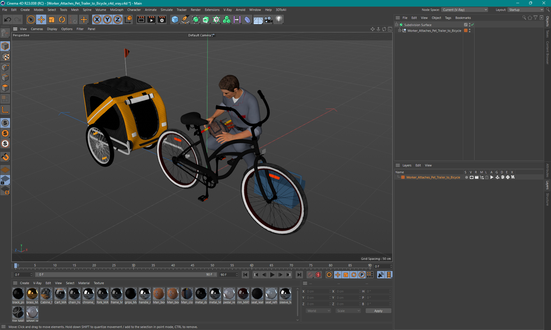 3D Worker Attaches Pet Trailer to Bicycle model
