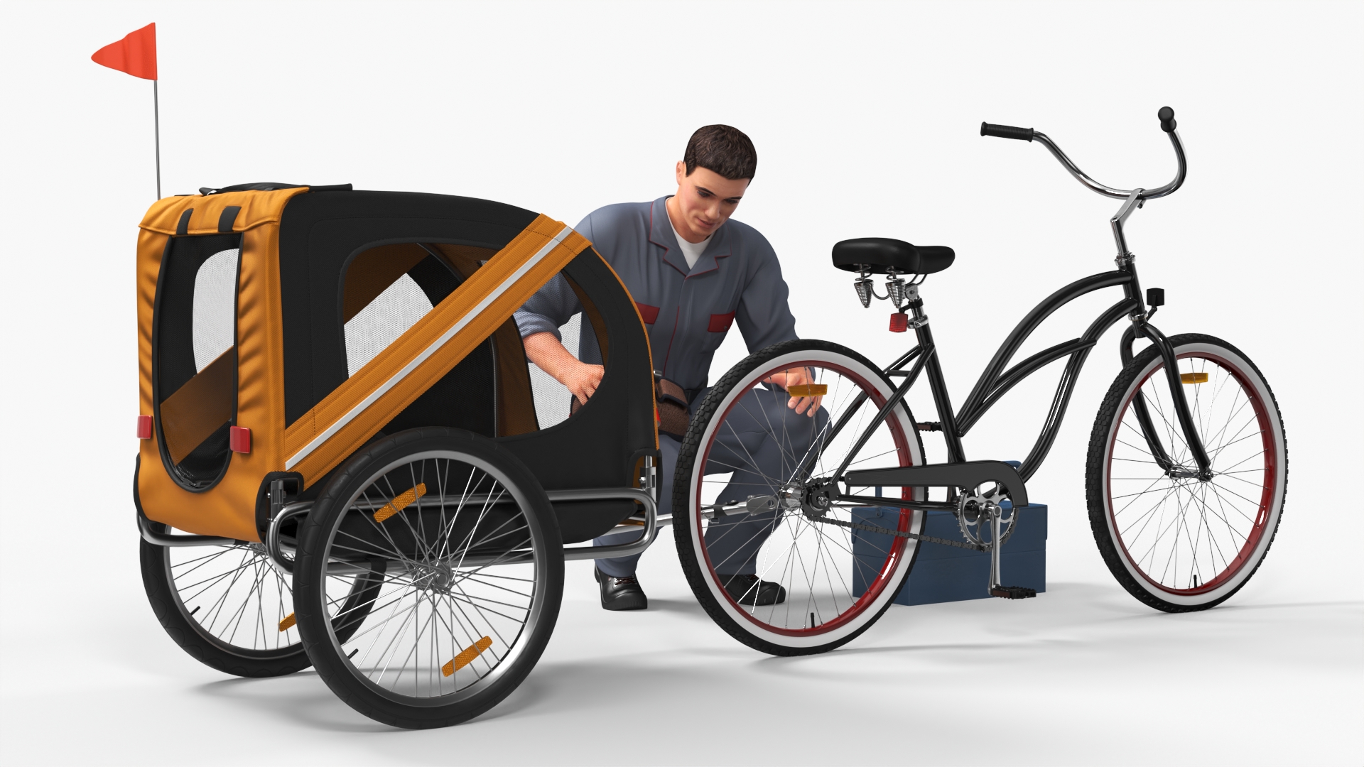 3D Worker Attaches Pet Trailer to Bicycle model