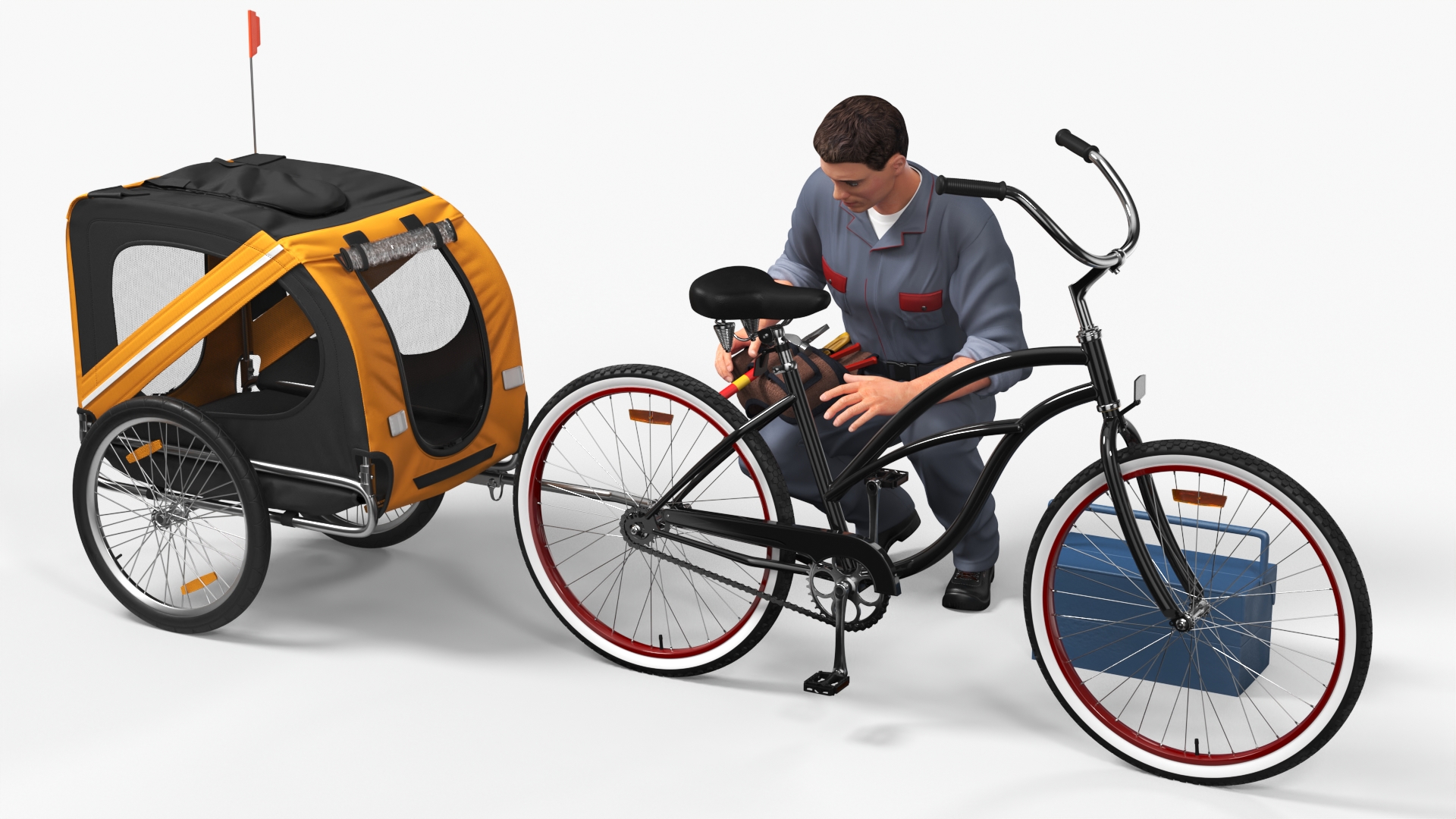 3D Worker Attaches Pet Trailer to Bicycle model