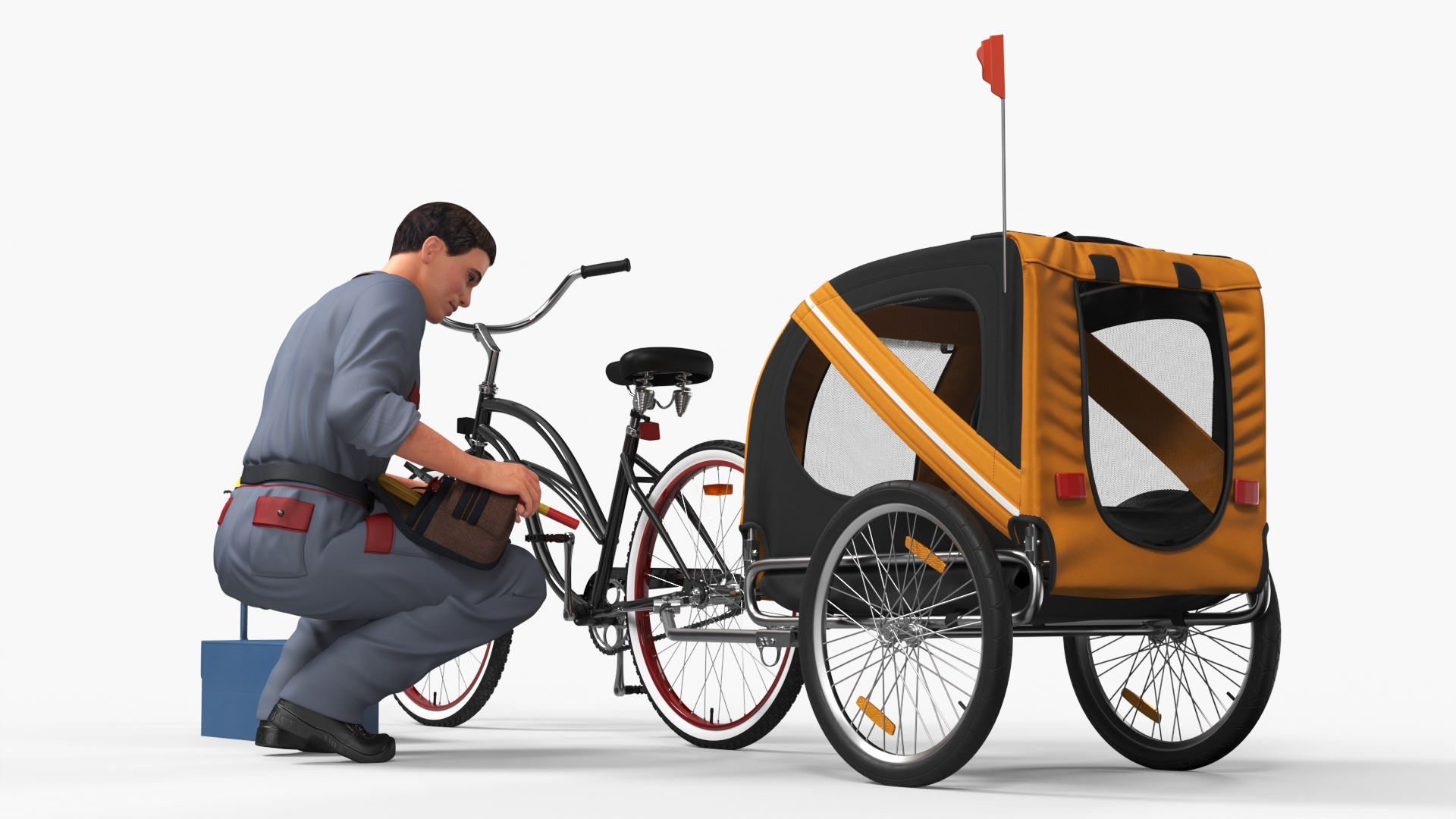 3D Worker Attaches Pet Trailer to Bicycle model