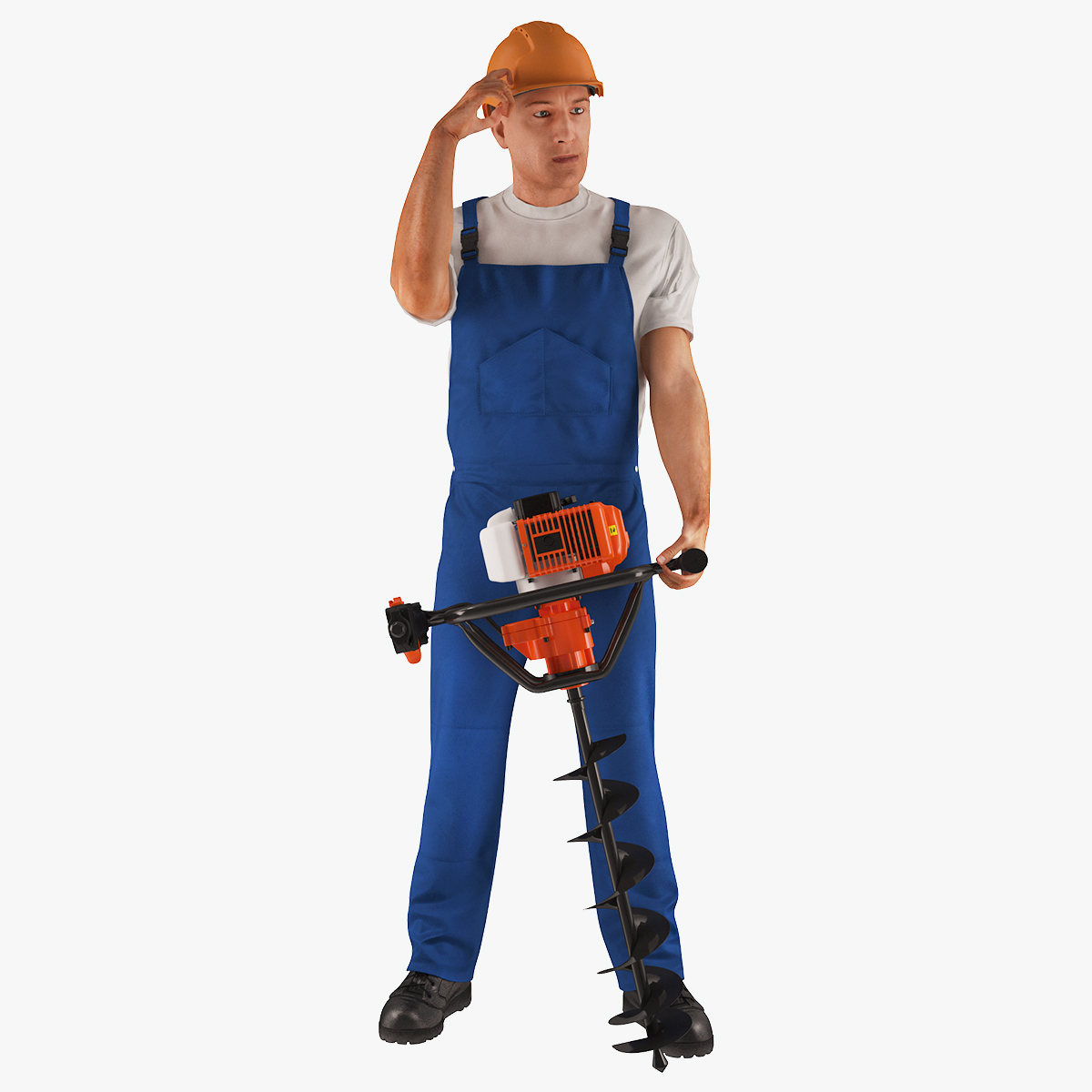 Builder Worker With Hole Driller Auger Rigged 3D Model, view 3