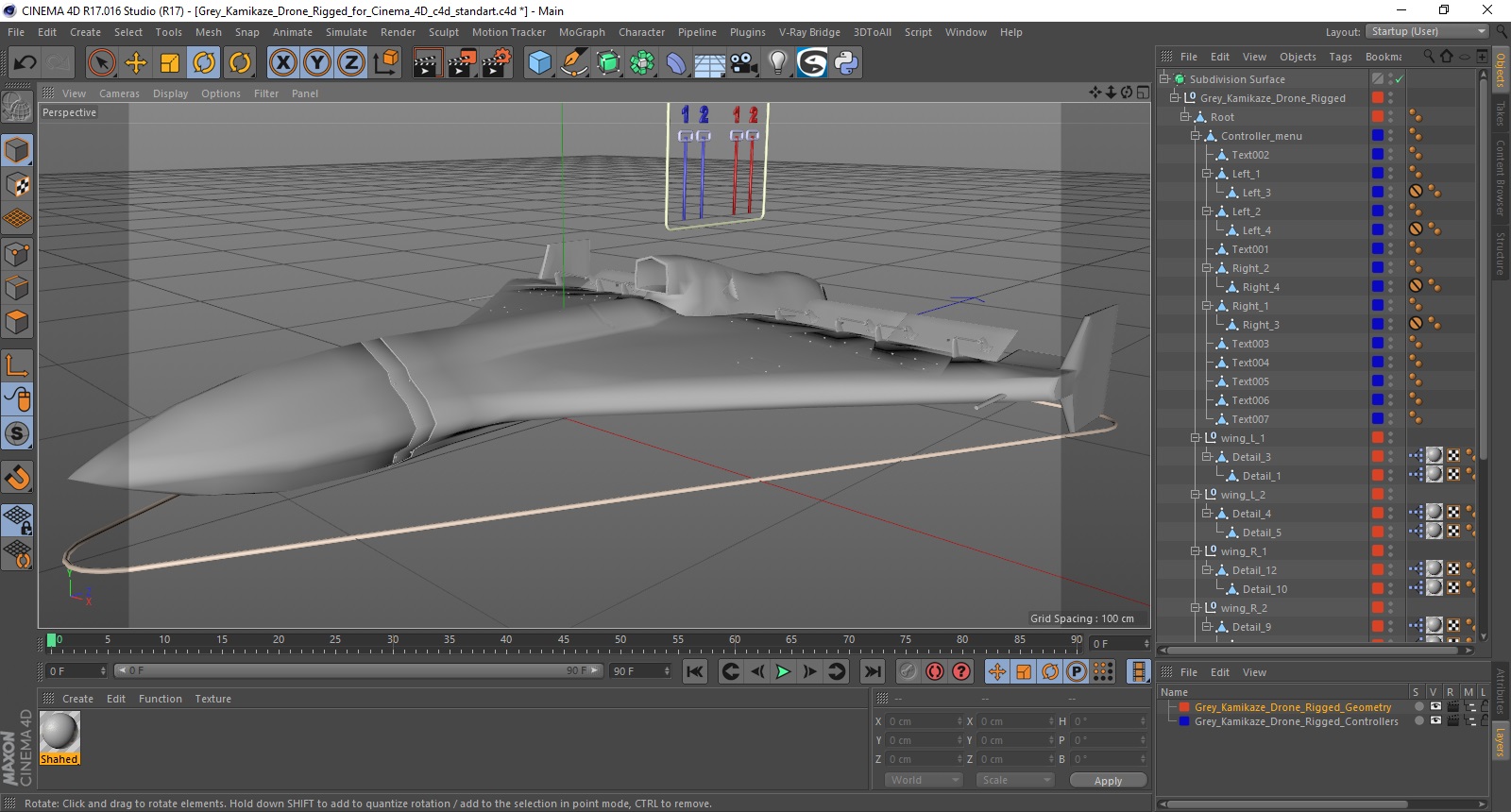 3D model Grey Kamikaze Drone Rigged for Cinema 4D