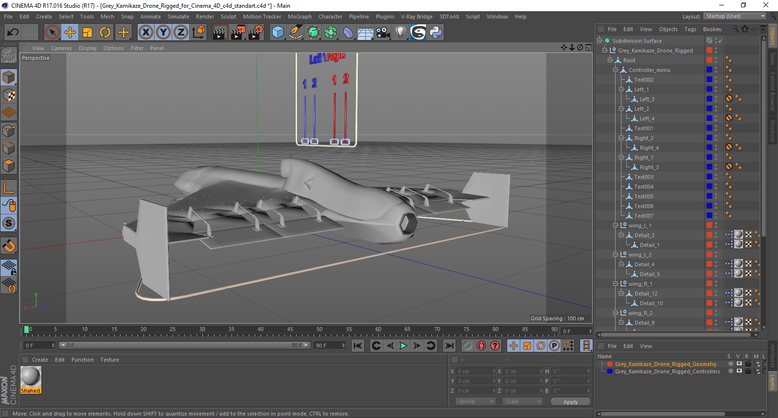 3D model Grey Kamikaze Drone Rigged for Cinema 4D