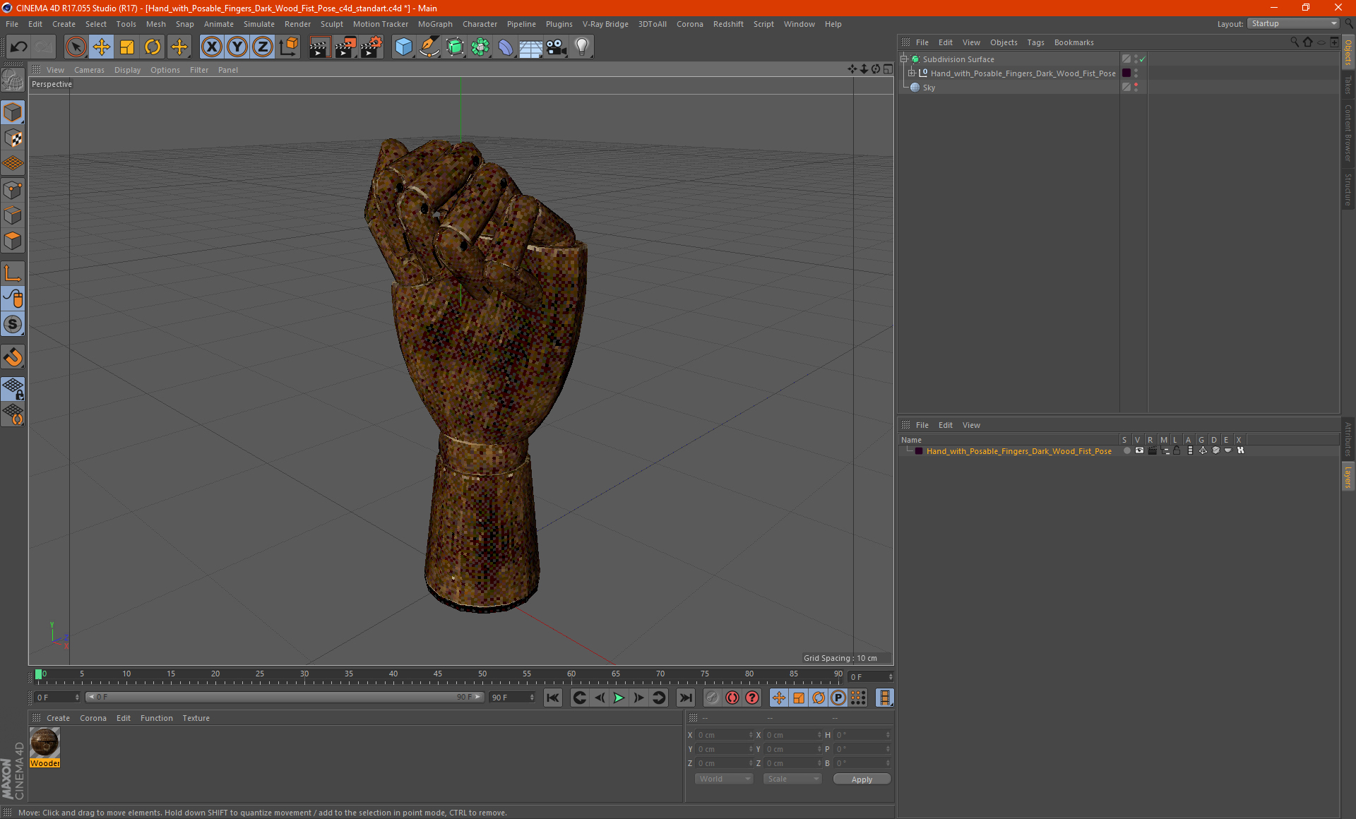 3D model Hand with Posable Fingers Dark Wood Fist Pose